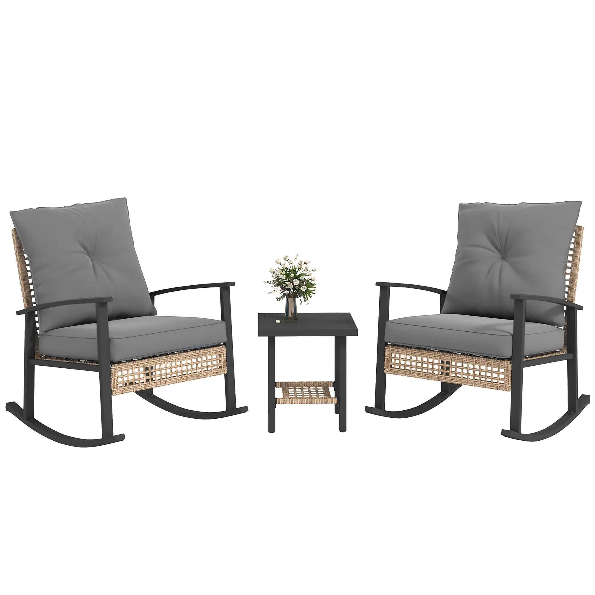 Front. Resenkos - Resenkos 3-Piece Patio Furniture Set,Button Tufted Cushions, Rattan Rocking Chairs, Coffee Table, Gray - Gray.