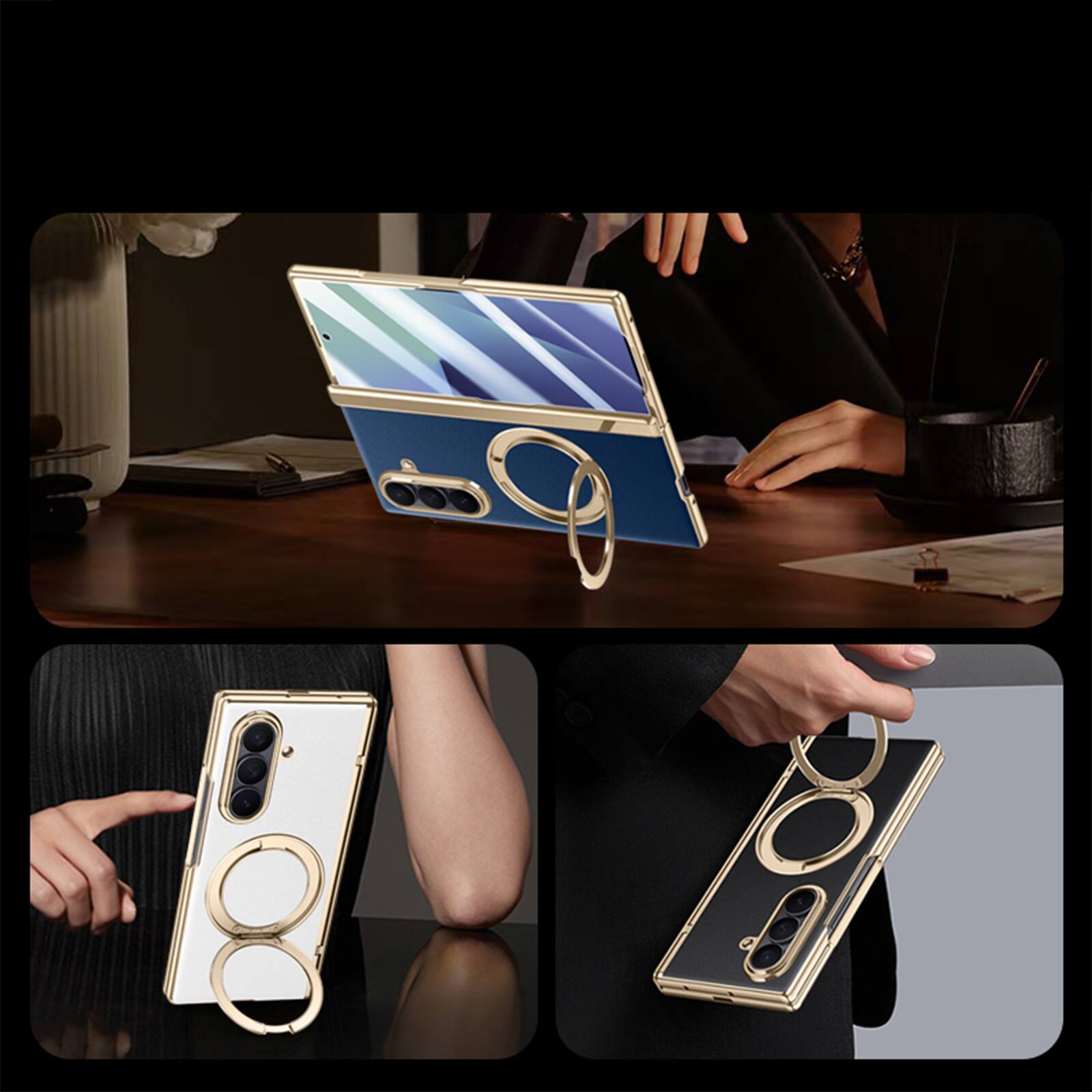 Alt View 3. Dteck - For Samsung Galaxy Z Fold7 Luxury Plated Frame Ring Stand Magnetic Case Hinge Protection Cover+Built-in Screen Protector - Green-Privacy Screen.
