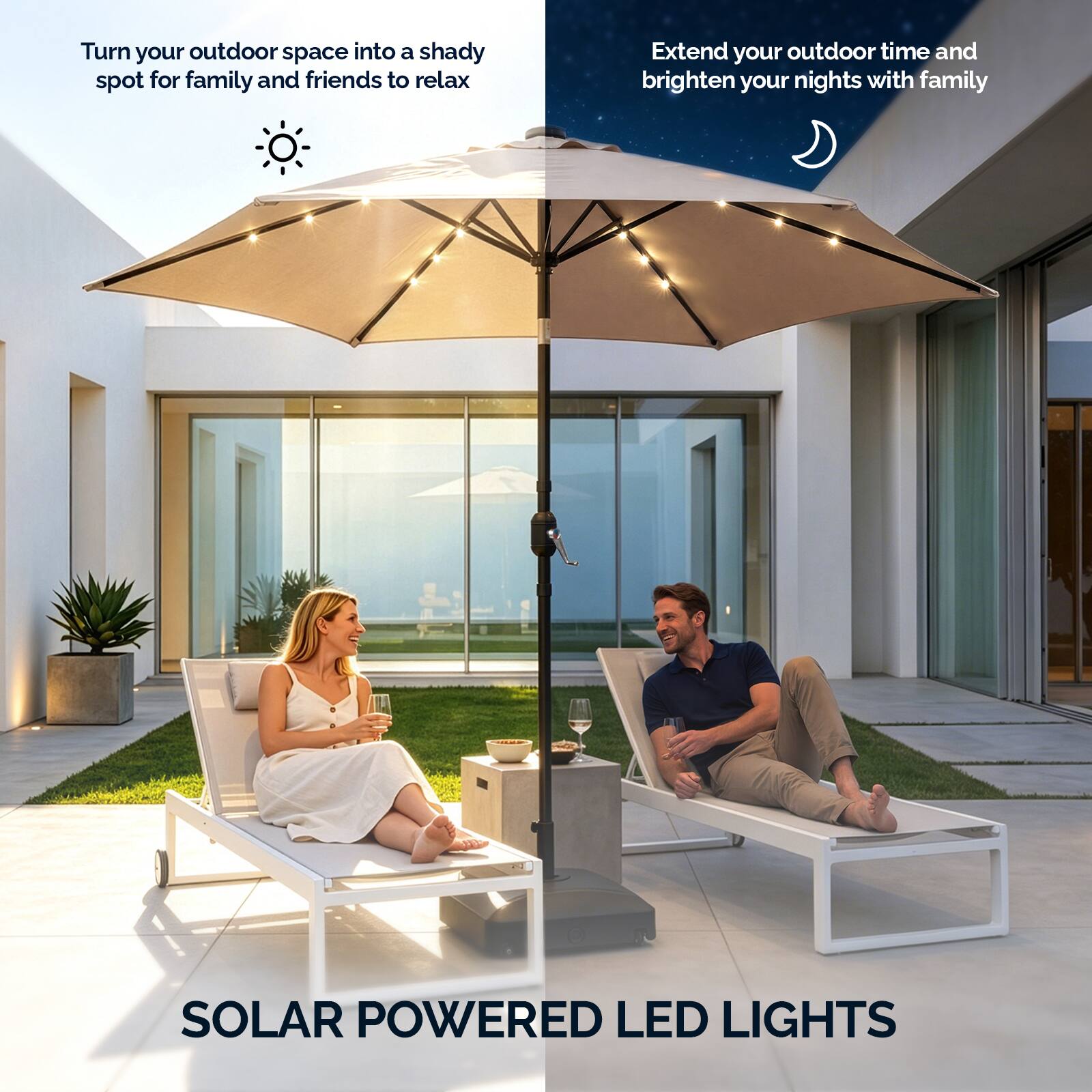 Turn your outdoor space into a shady spot for family and friends to relax. Extend your outdoor time and brighten your nights with family. SOLAR POWERED LED LIGHTS