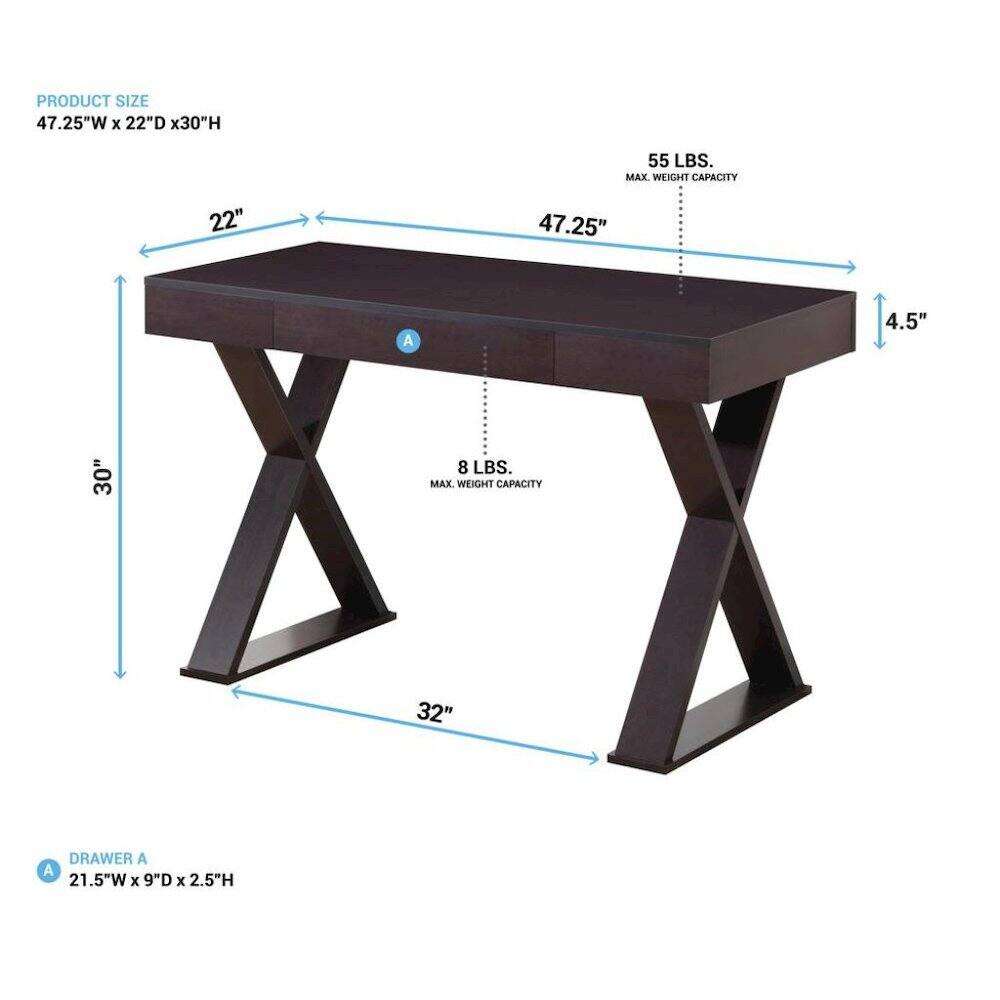 PRODUCT SIZE 47.25"W X 22"D x30"H  
55 LBS. MAX. WEIGHT CAPACITY  
22"  
47.25"  
A  
4.5"  
30"  
8 LBS. MAX. WEIGHT CAPACITY  
32"  
DRAWER A 21.5"W X 9"D X 2.5"H