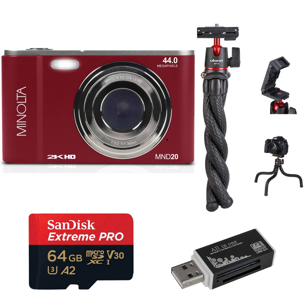 MINOLTA 2KHD HD DIS MINOLTA LENS F/3.2 f=7.36mm 44.0 MEGAPIXELS MND20  
ulanzi  
OKCAU  
SanDisk Extreme PRO 64 micro SP V30 GB XC I  
3 A2  
All in one otane rLam BANE  
VUT - - RO LMS