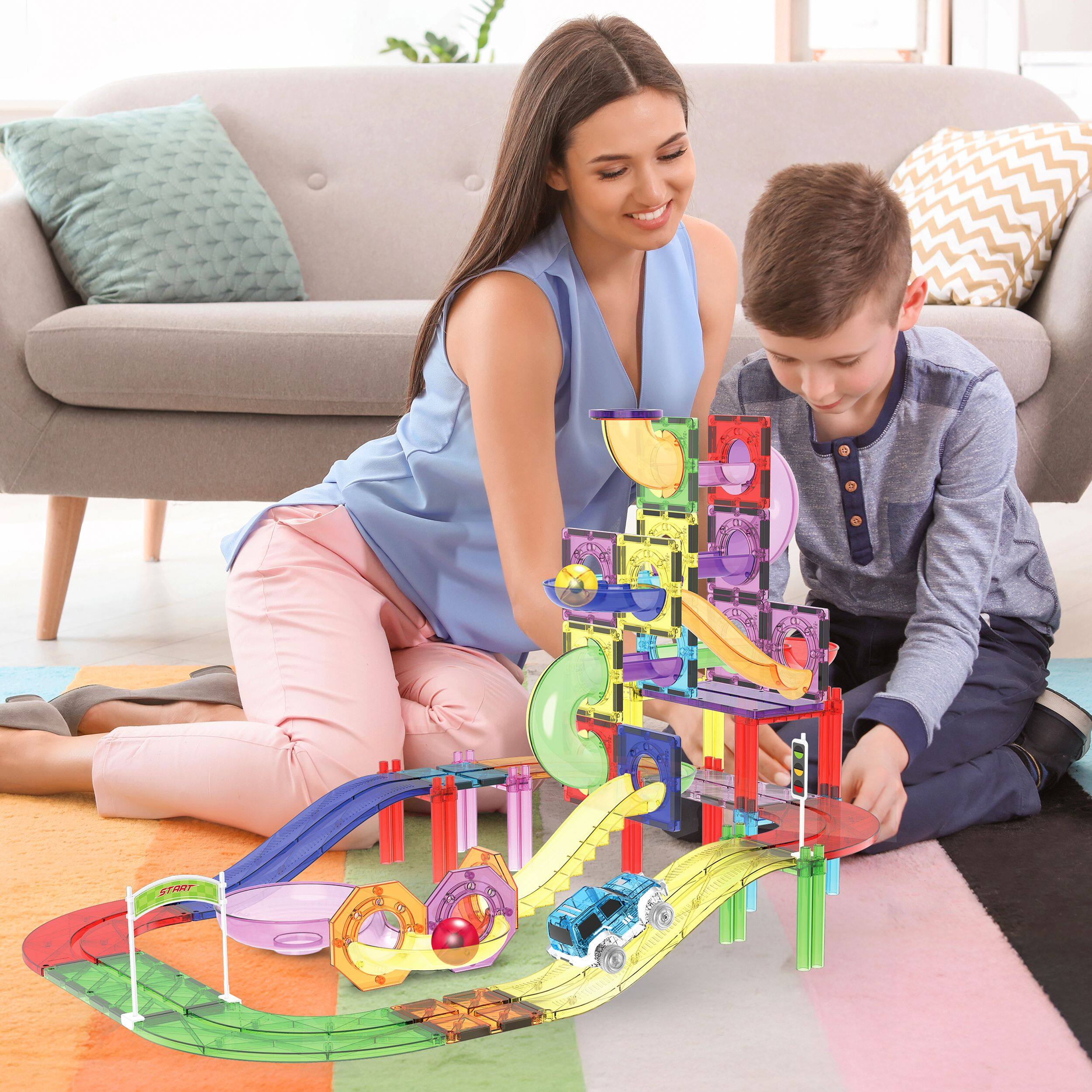 Alt View 1. PicassoTiles - PicassoTiles 121pc 3-in-1 Magnetic Tile, Marble Run, & Racetrack Playset with Traffic Sign Kit.