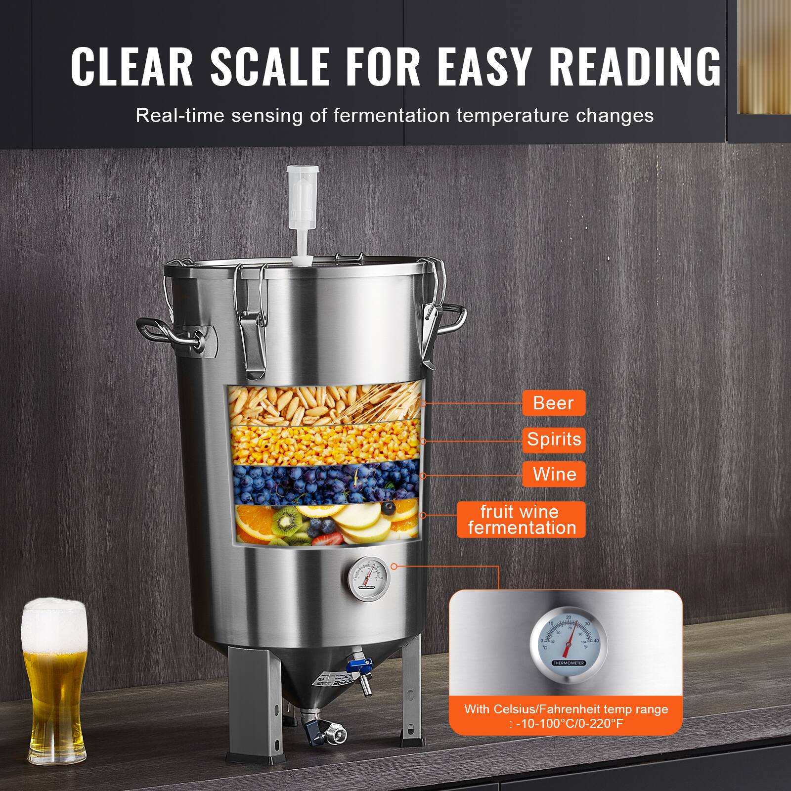 CLEAR SCALE FOR EASY READING  
Real-time sensing of fermentation temperature changes  

Beer  
Spirits  
Wine  
fruit wine fermentation  

With Celsius/Fahrenheit temp range  
-10-100°C/0-220°F