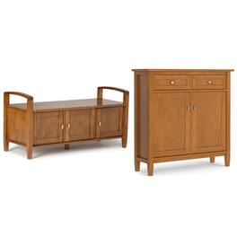 Simpli Home - Warm Shaker Solid Wood 44 inch Wide Storage Bench and 36 inch Wide Storage Cabinet - Light Golden Brown