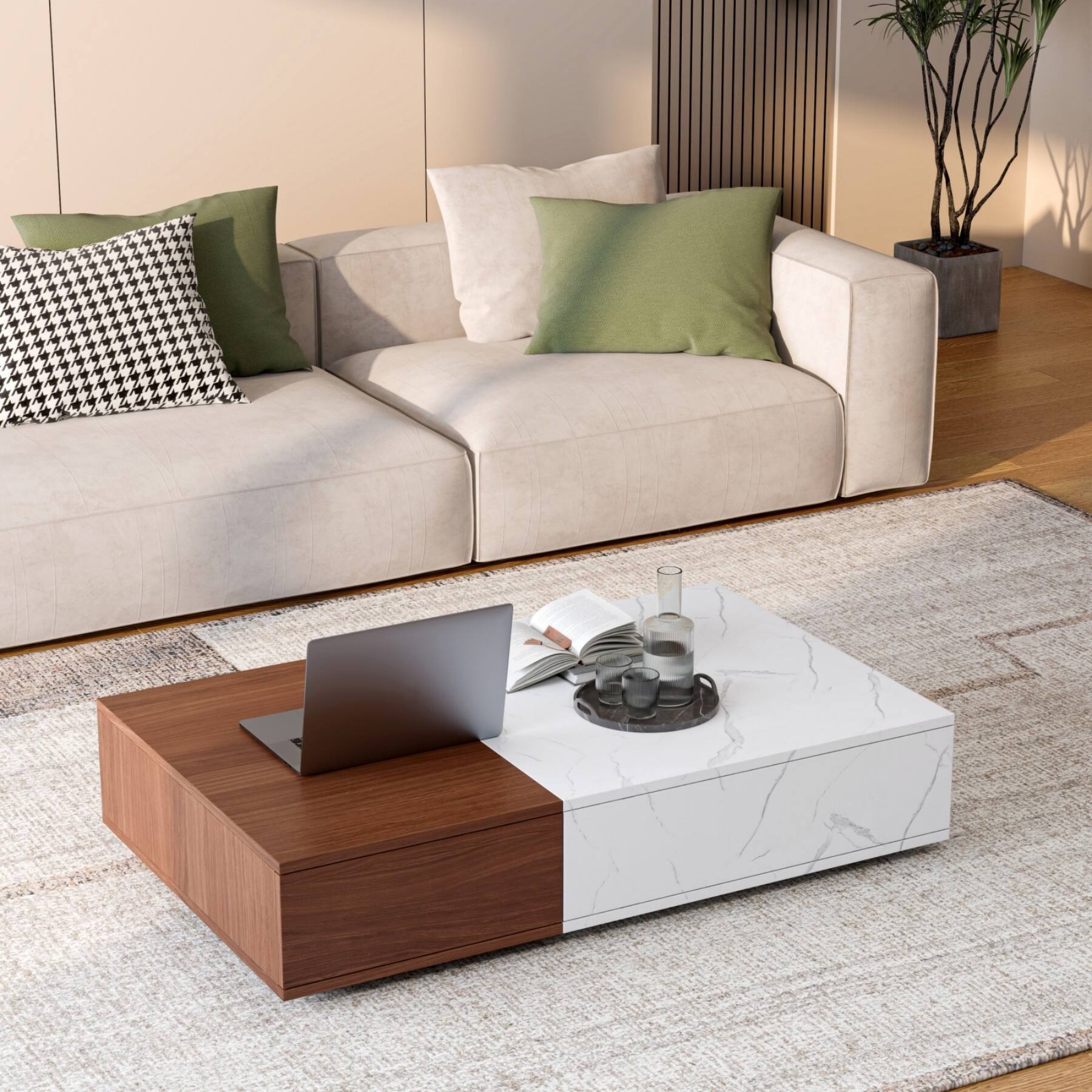 Alt View 7. Ecooso - Modern Coffee Table with Storage Shelves, Sturdy MDF Frame with Marble Finish and Two Tone Patchwork Design - Walnut Brown.