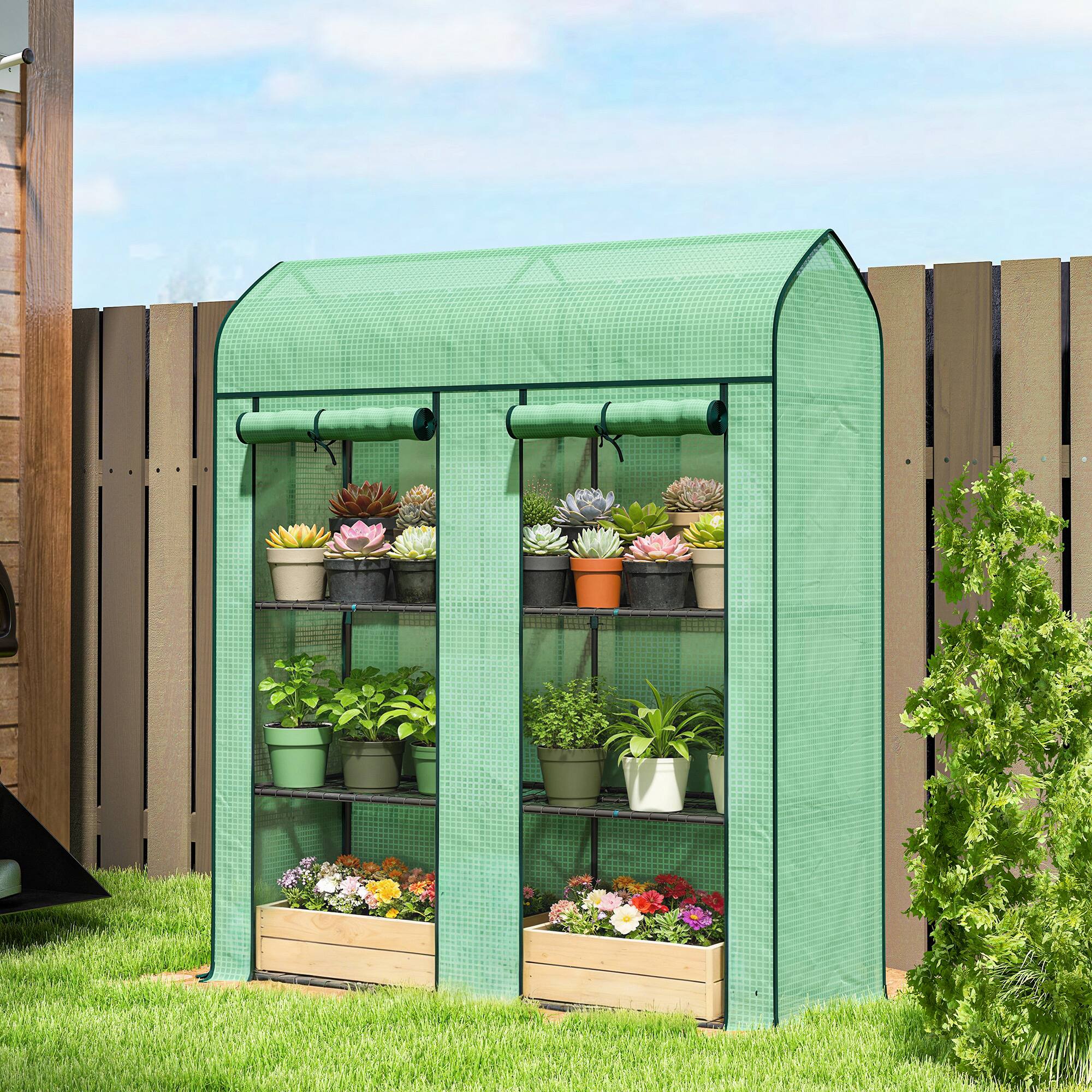 Alt View 1. Outsunny - 3 Tier Mini Greenhouse, 56.3" x 18.1" x 65" Small Portable Greenhouse with 2 Roll-up Doors.
