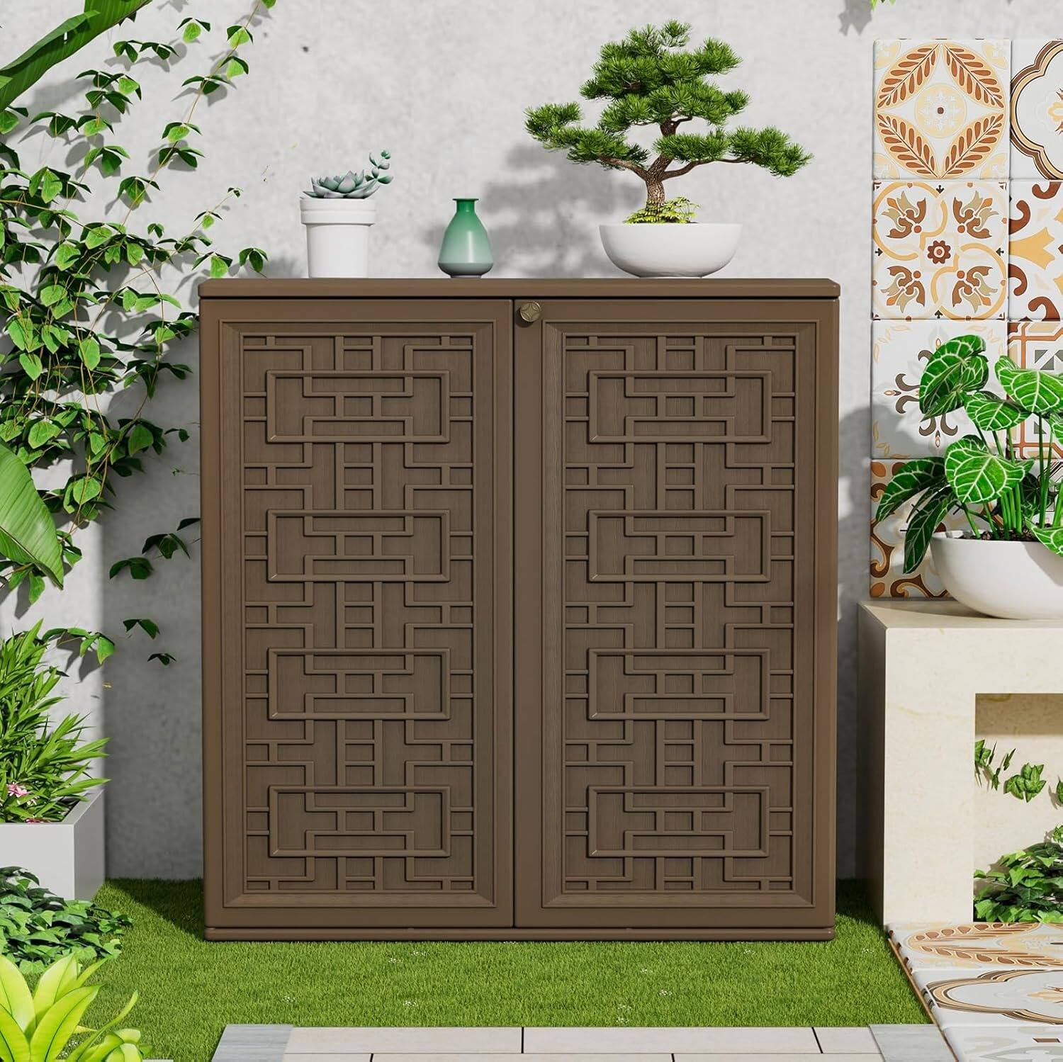 Alt View 5. Yardgrace - 37" Horizontal Outdoor Storage Cabinet – Weather-Resistant Shed Box with 2 Shelves, for Garden, Patio & Backyard - Brown.