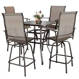 Nuu Garden - Outdoor Patio Swivel Bar Stool Set with Glass Table, All-Weather Textilene - Black and Brown