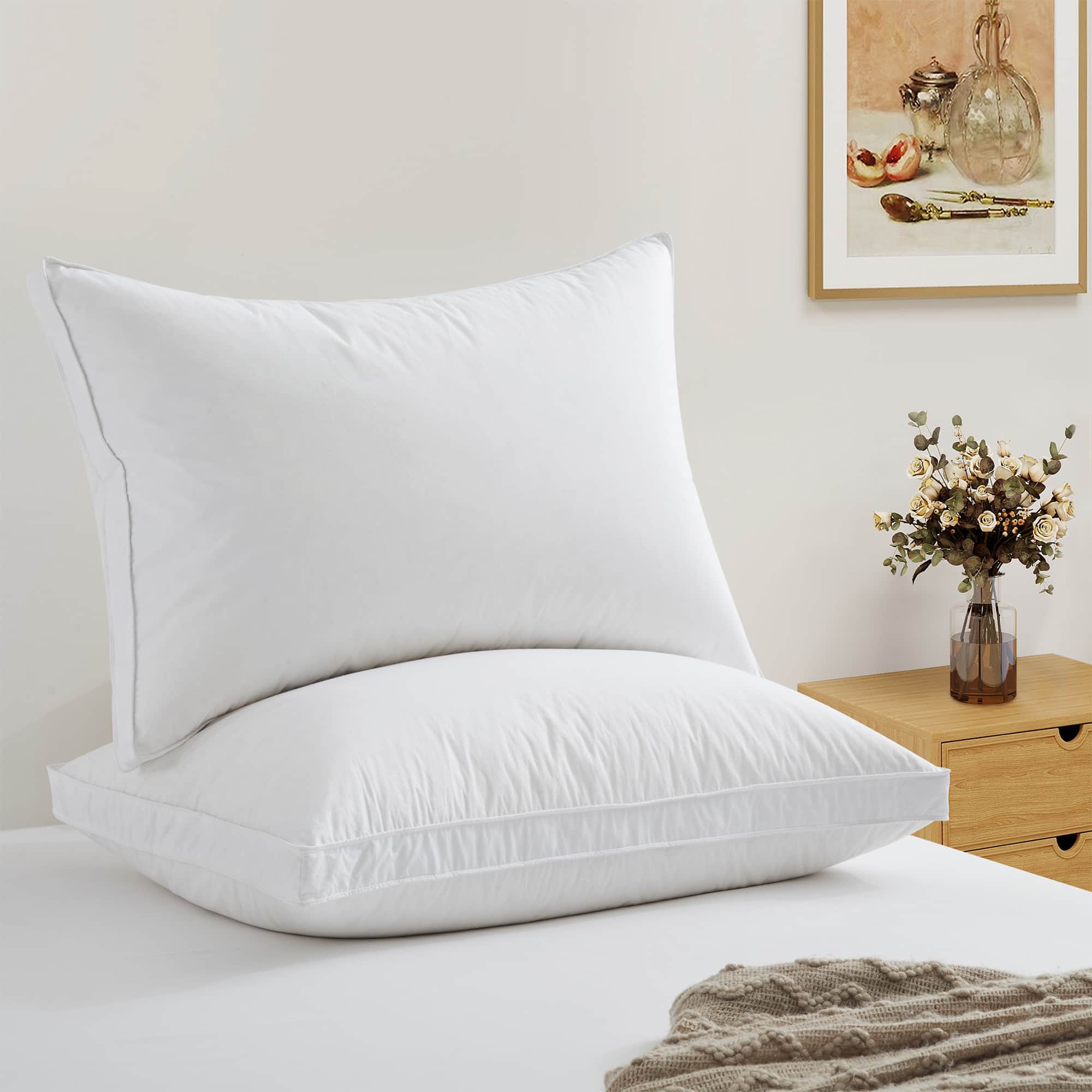 Puredown - 2 Pack 300TC Cotton Goose Feather Down Pillows, Pillow-in-a-pillow Design, Made in Japan, King - Gusseted