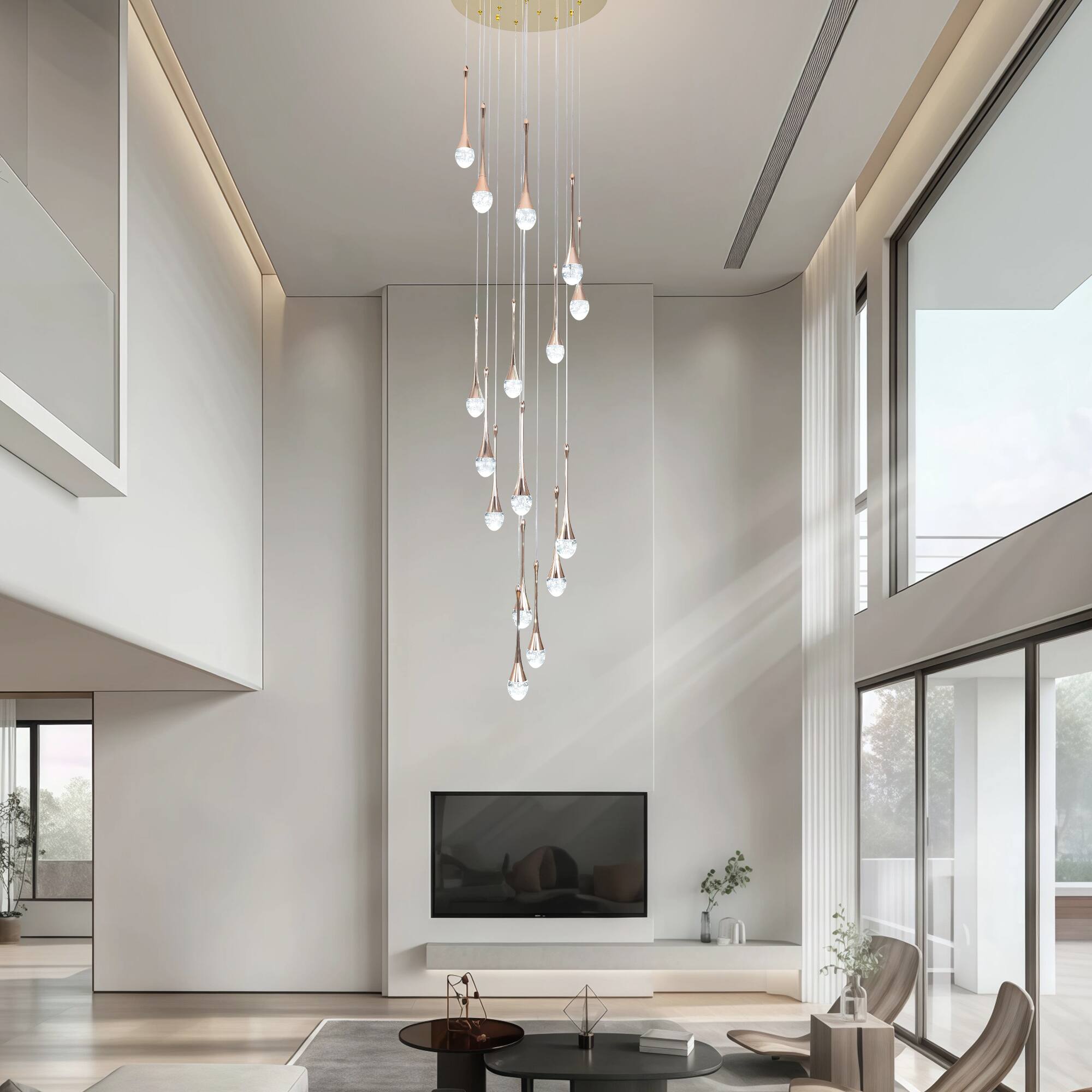 Angle. RYHNUYNE - 16-Light Gold Large Modern Chandelier, Crystal Staircase Chandelier with Remote, Dimmable LED Raindrop Lighting Chandeli - Gold.