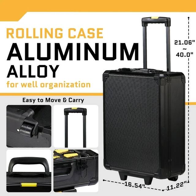 ROLLING CASE  
ALUMINUM ALLOY  
for well organization  

Easy to Move & Carry  

21.06"  
40.0"  

16.54"  
11.22"