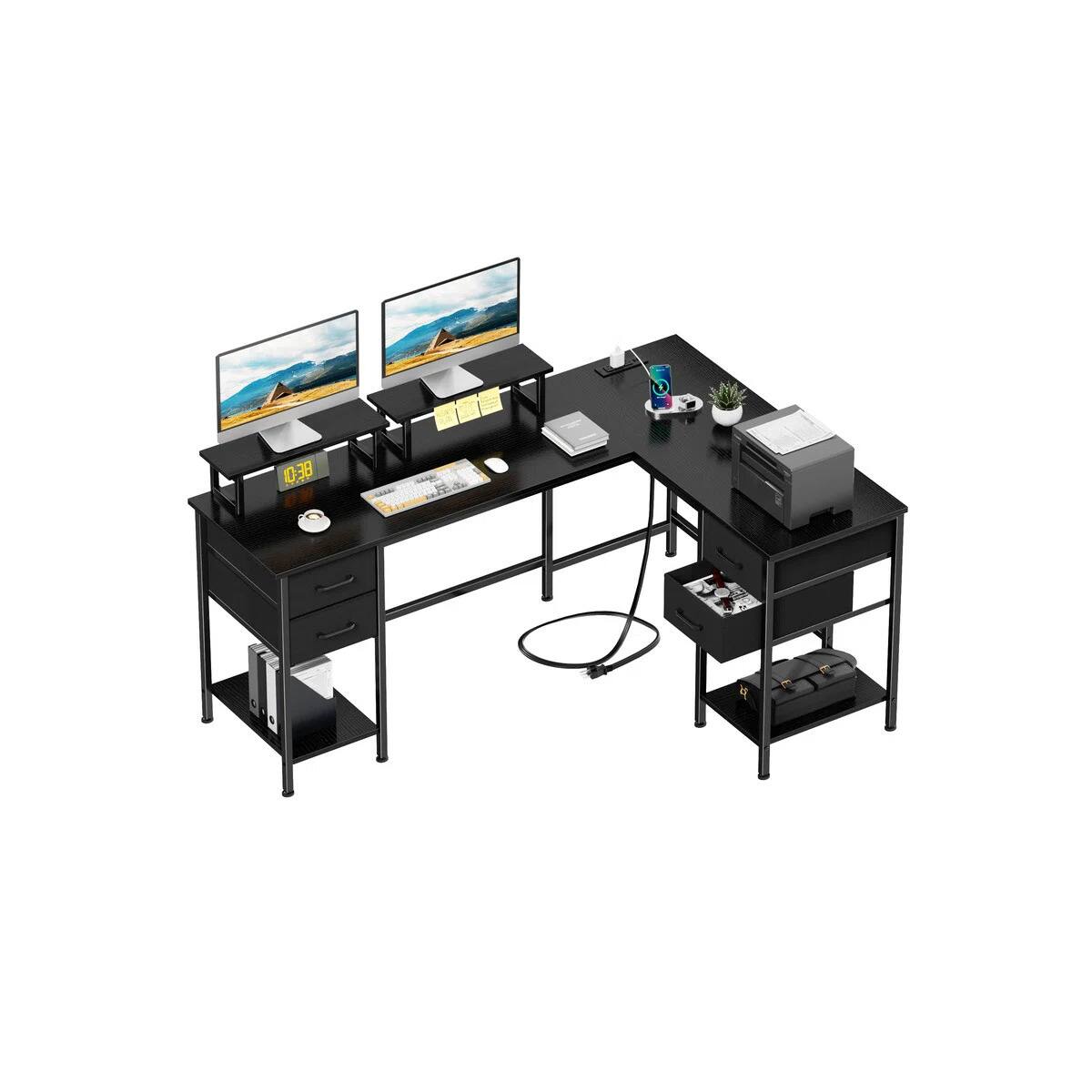 Alt View 4. Furnulem - 59 Inch L-Shaped Computer Desk Gaming Desk with Power Outlet - Black.