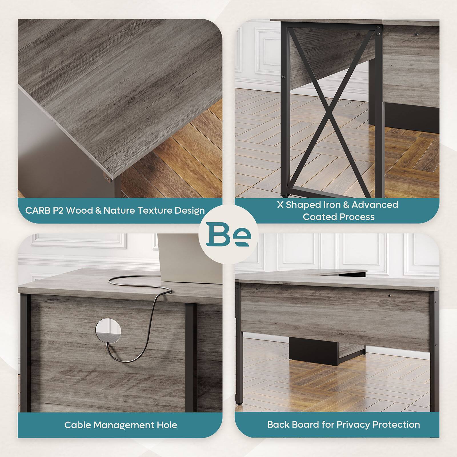 The text on the image can be grouped and corrected as follows:

1. CARB P2 Wood & Nature Texture Design Be X Shaped Iron & Advanced Coated Process
2. Cable Management Hole Back Board for Privacy Protection