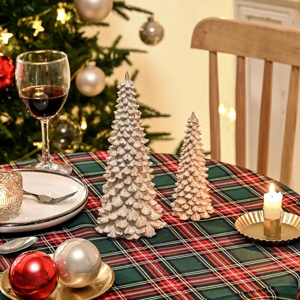 Left. RTMB - “2-Pc Resin Christmas Tree Figurines, White with Gold, Tabletop Decor” - Vintage White.