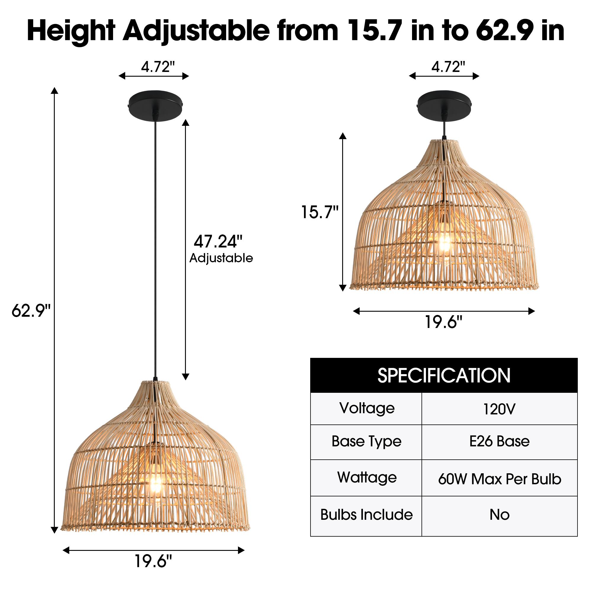 Height Adjustable from 15.7 in to 62.9 in

4.72" 4.72" 15.7" 47.24" Adjustable 62.9" 19.6"

SPECIFICATION
Voltage: 120V
Base Type: E26 Base
Wattage: 60W Max Per Bulb
Bulbs Include: No