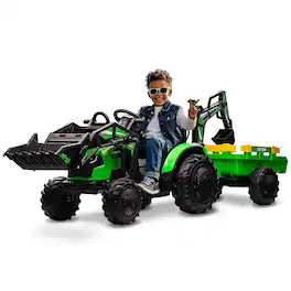 Acekool - 3 in 1 Ride on Tractor, 24V Ride on Toy for Big Kids, Excavator Bulldozer - Battery-Powered Electric Vehicle w/Trailer