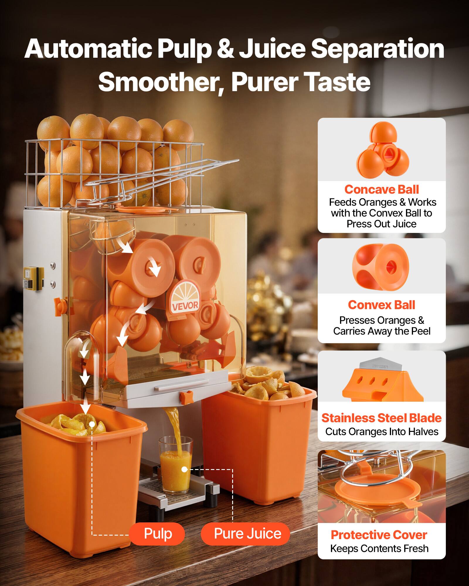 Automatic Pulp & Juice Separation Smoother, Purer Taste

Concave Ball Feeds Oranges & Works with the Convex Ball to Press Out Juice

Convex Ball Presses Oranges & Carries Away the Peel

Stainless Steel Blade Cuts Oranges Into Halves

Protective Cover Keeps Contents Fresh
