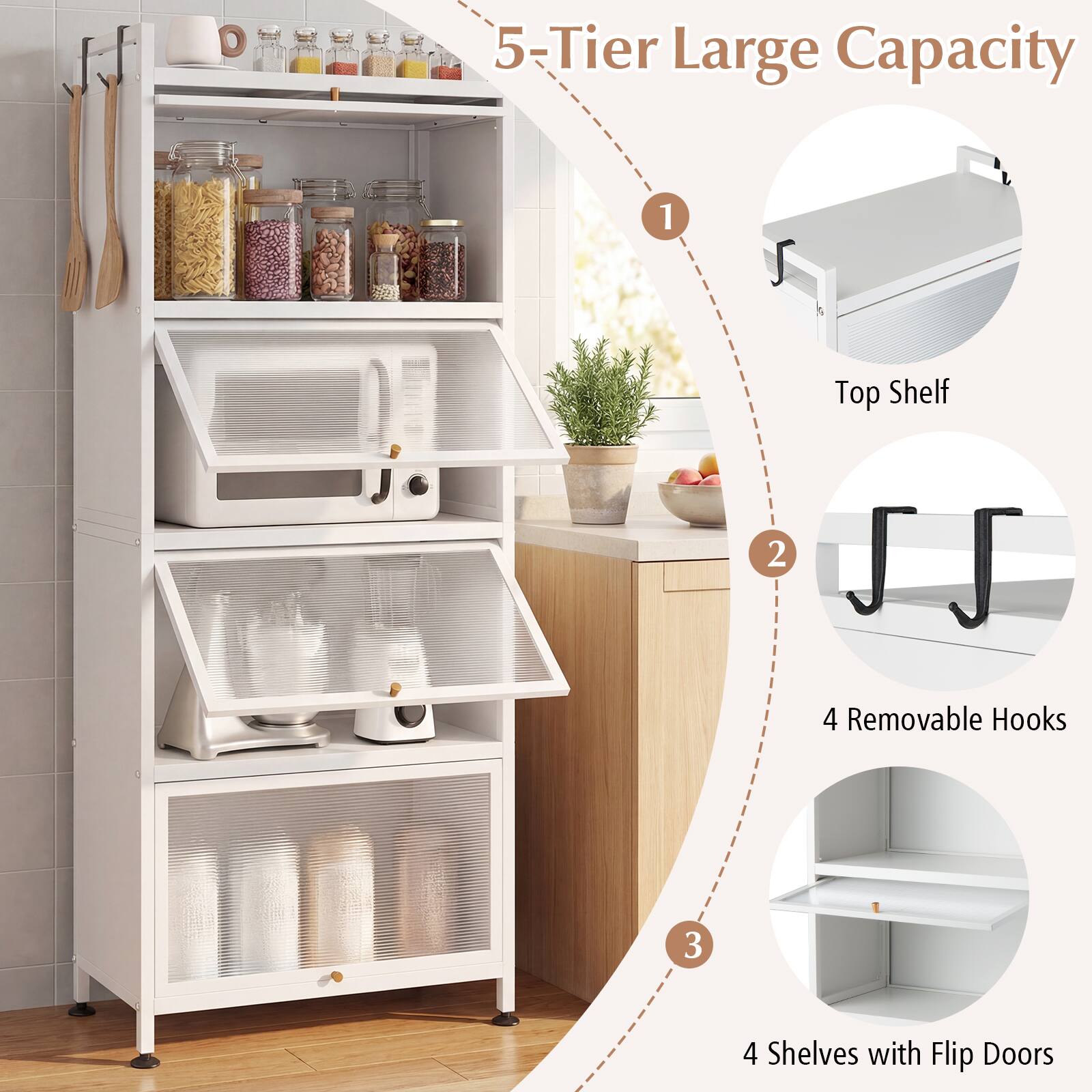 5-Tier Large Capacity  
1. Top Shelf  
2. 4 Removable Hooks  
3. 4 Shelves with Flip Doors