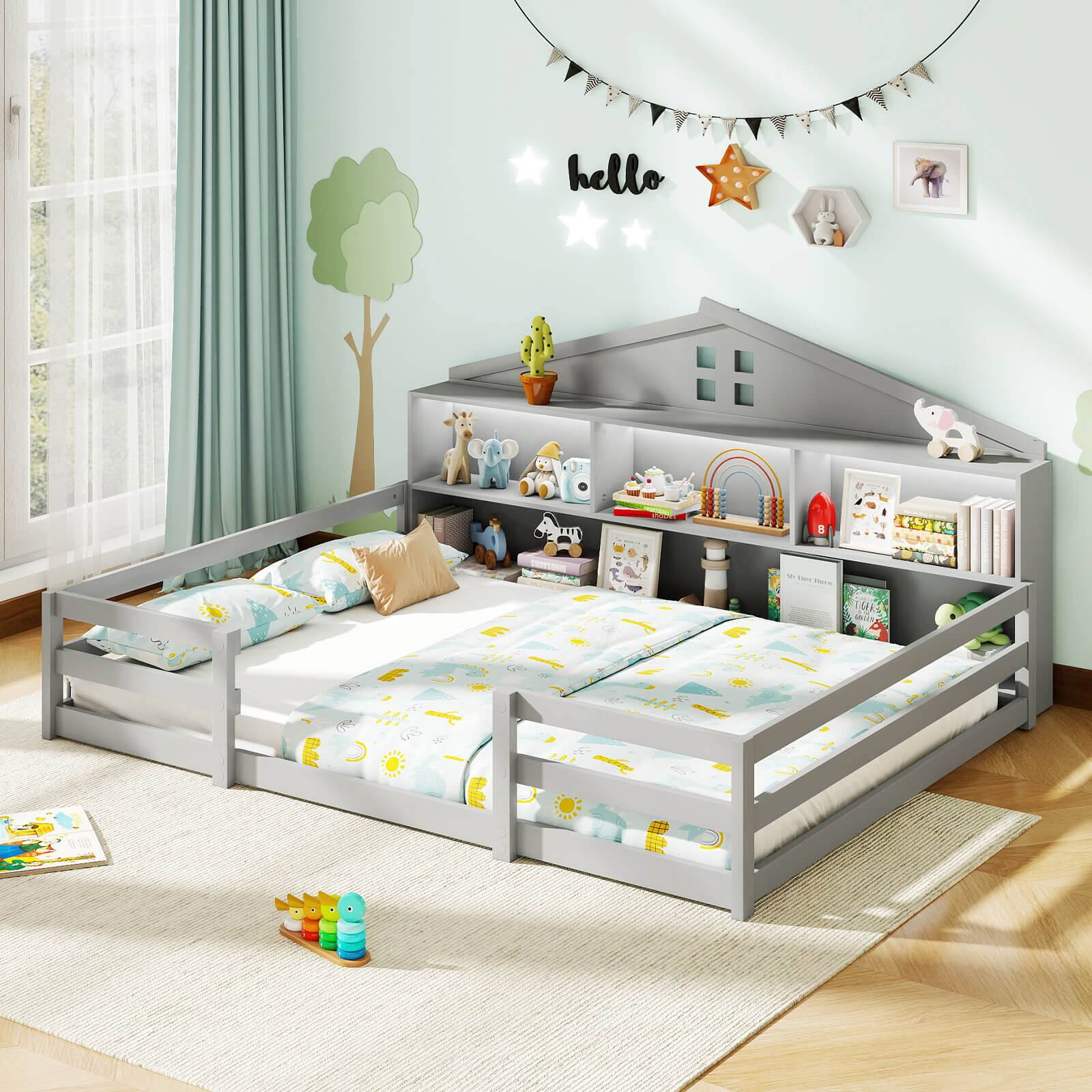 Alt View 1. Costway - Costway Full Size Montessori Floor Bed with LED Lights Safety Guardrails Compartments Shelf - Gray.
