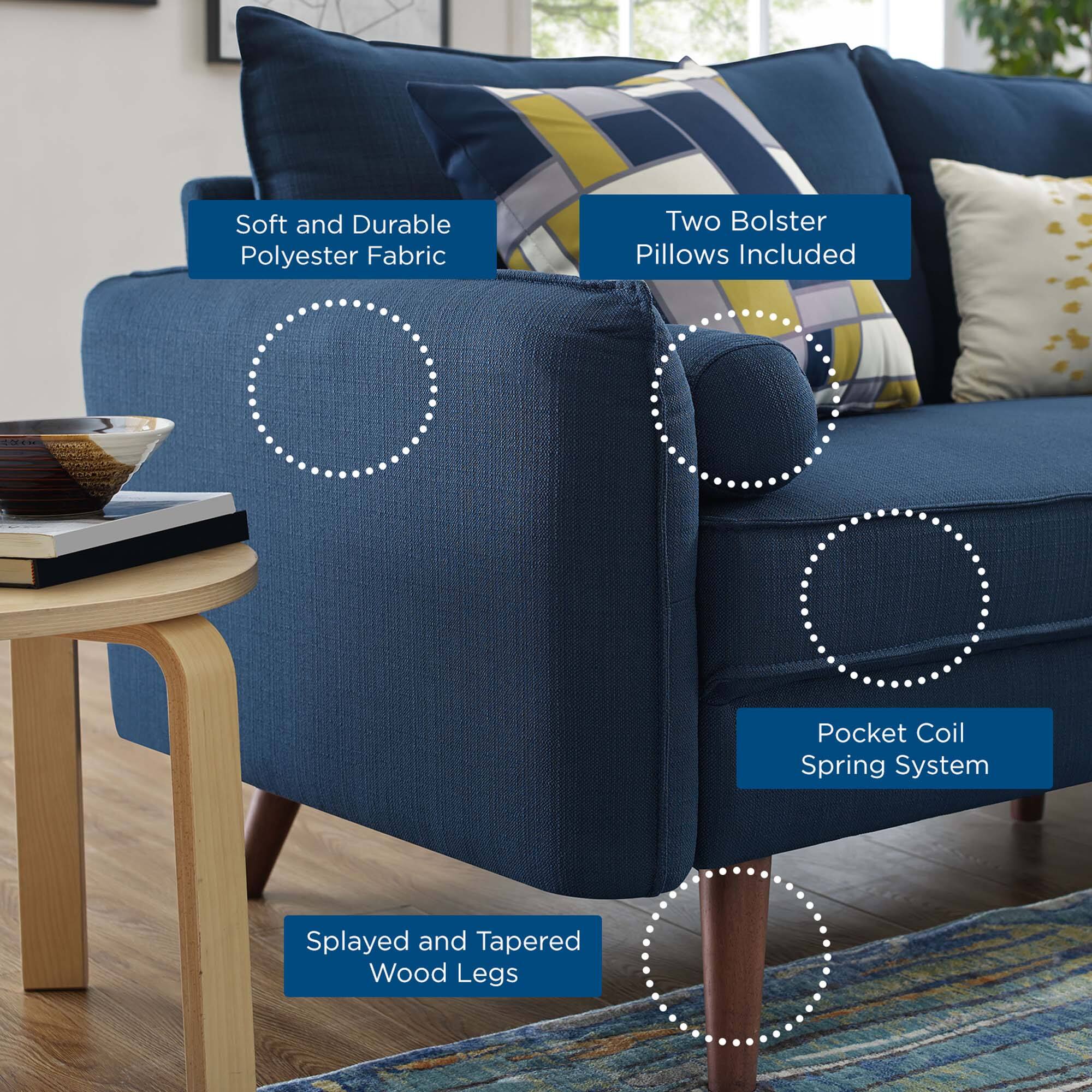 - Soft and Durable Polyester Fabric
- Two Bolster Pillows Included
- Pocket Coil Spring System
- Splayed and Tapered Wood Legs