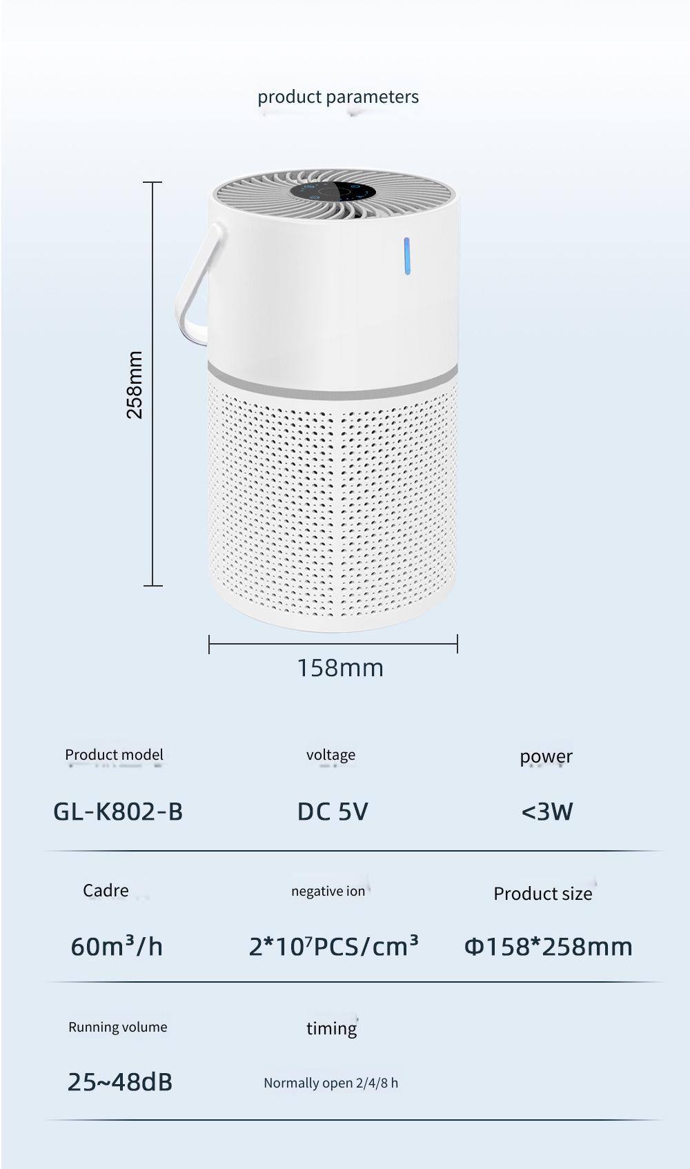 - Product model: GL-K802-B
- Voltage: DC 5V
- Power: <3W
- Cadre: 60m³/h
- Negative ion: 2*10⁷ PCS/cm³
- Product size: Φ158*258mm
- Running volume: 25~48dB
- Timing: Normally open 2/4/8 h