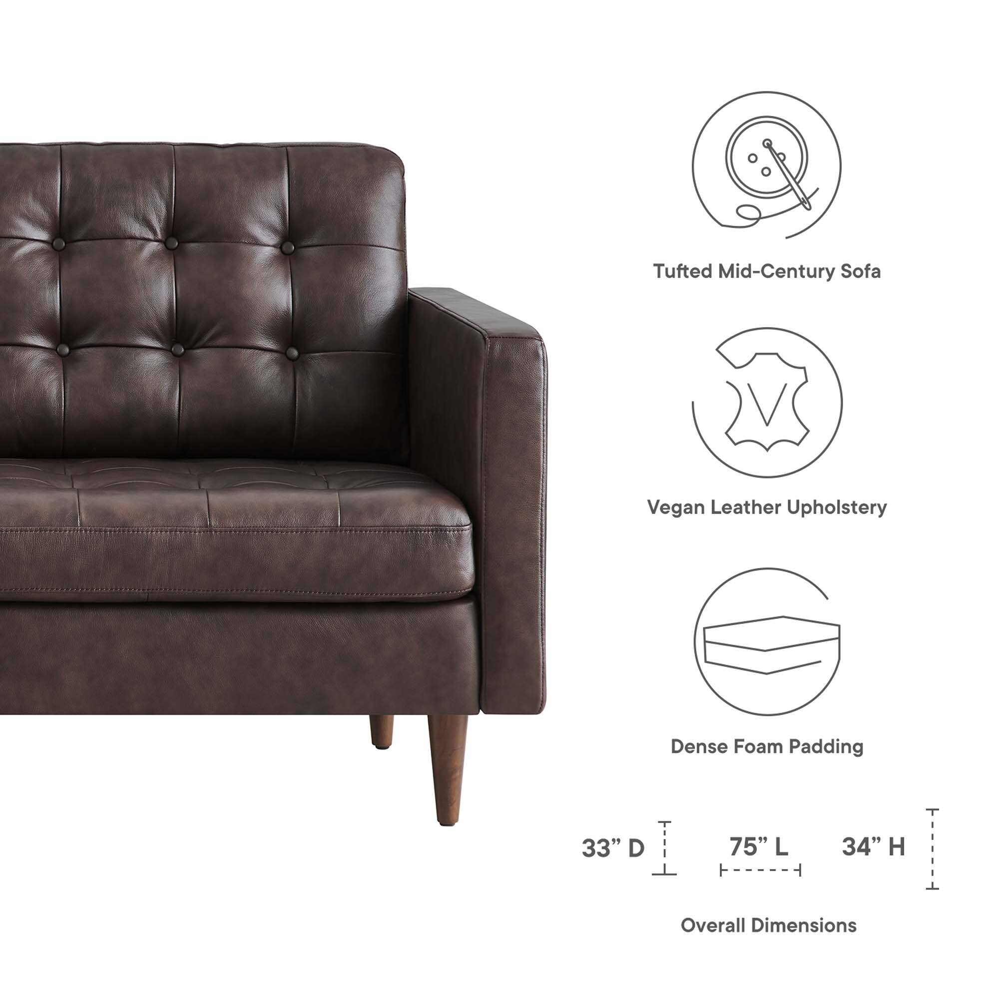 Tufted Mid-Century Sofa  
Vegan Leather Upholstery  
Dense Foam Padding  

33" D  
75" L  
34" H  

Overall Dimensions