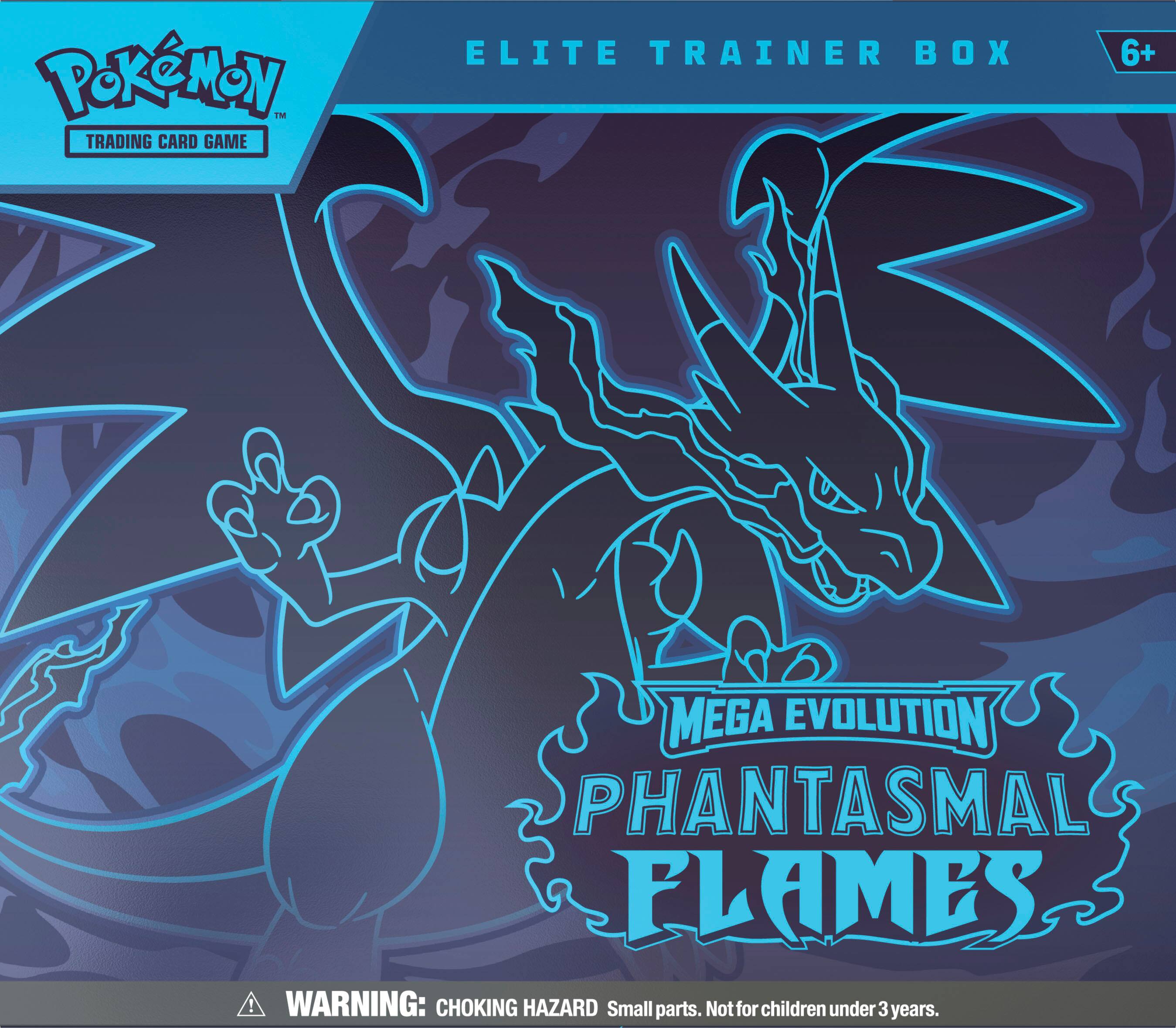 Pokémon  
Trading Card Game  

Elite Trainer Box  
6+  

Mega Evolution  
Phantasmal Flames  

Warning: Choking Hazard. Small parts. Not for children under 3 years.