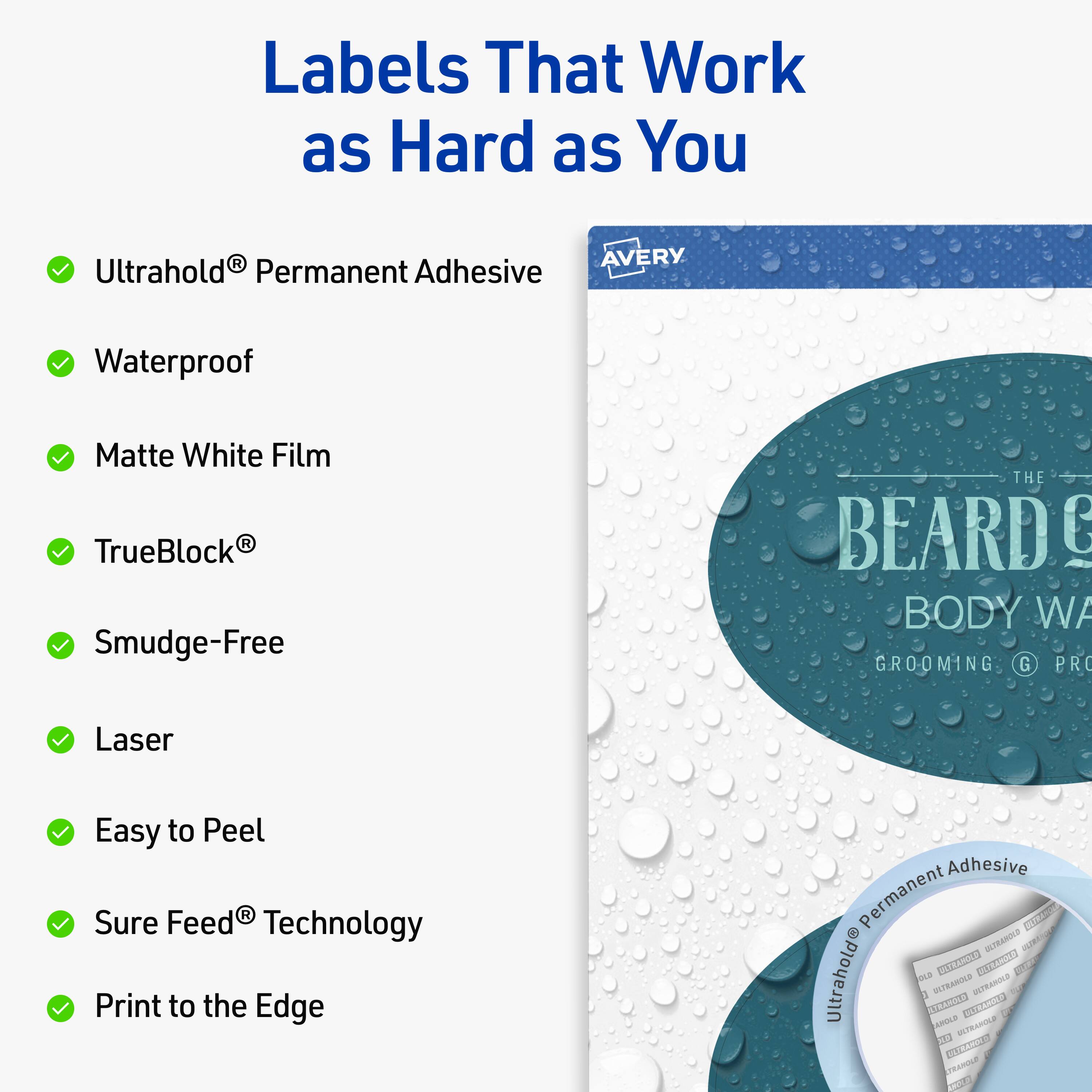 Labels That Work as Hard as You

- Ultrahold® Permanent Adhesive
- Waterproof
- Matte White Film
- TrueBlock®
- Smudge-Free
- Laser
- Easy to Peel
- Sure Feed® Technology
- Print to the Edge

AVERY

THE BEARD BODY WASH
GROOMING | PRO