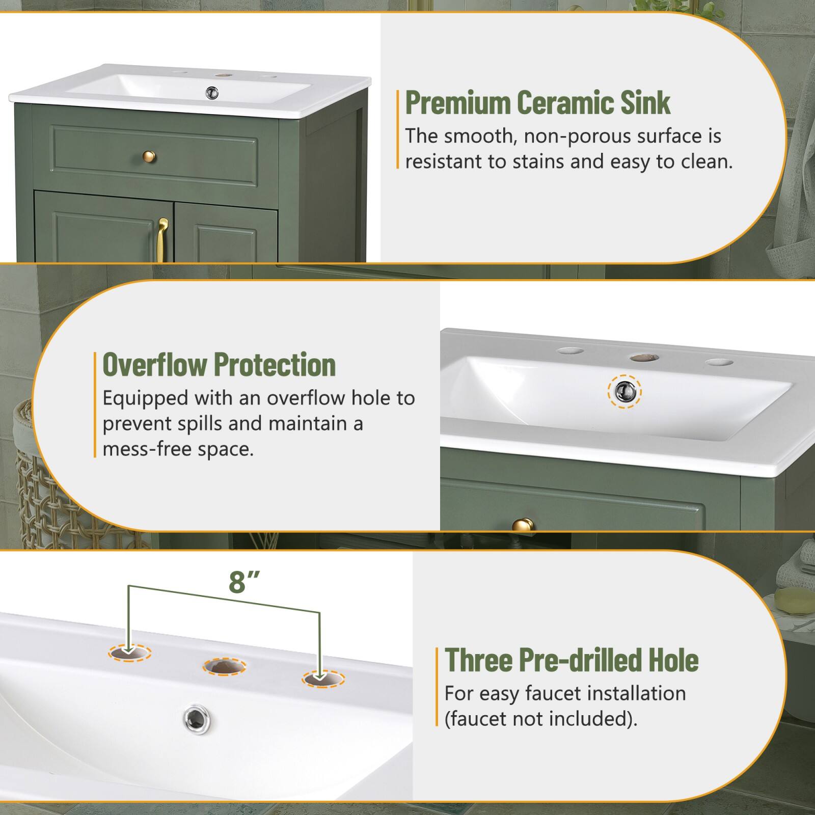 Premium Ceramic Sink  
The smooth, non-porous surface is resistant to stains and easy to clean.

Overflow Protection  
Equipped with an overflow hole to prevent spills and maintain a mess-free space.

Three Pre-drilled Hole  
For easy faucet installation (faucet not included).