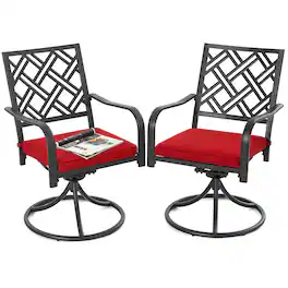 Nuu Garden - Patio 2-Piece Dining Chairs, Outdoor Swivel Chairs with Cushions - Black and Red