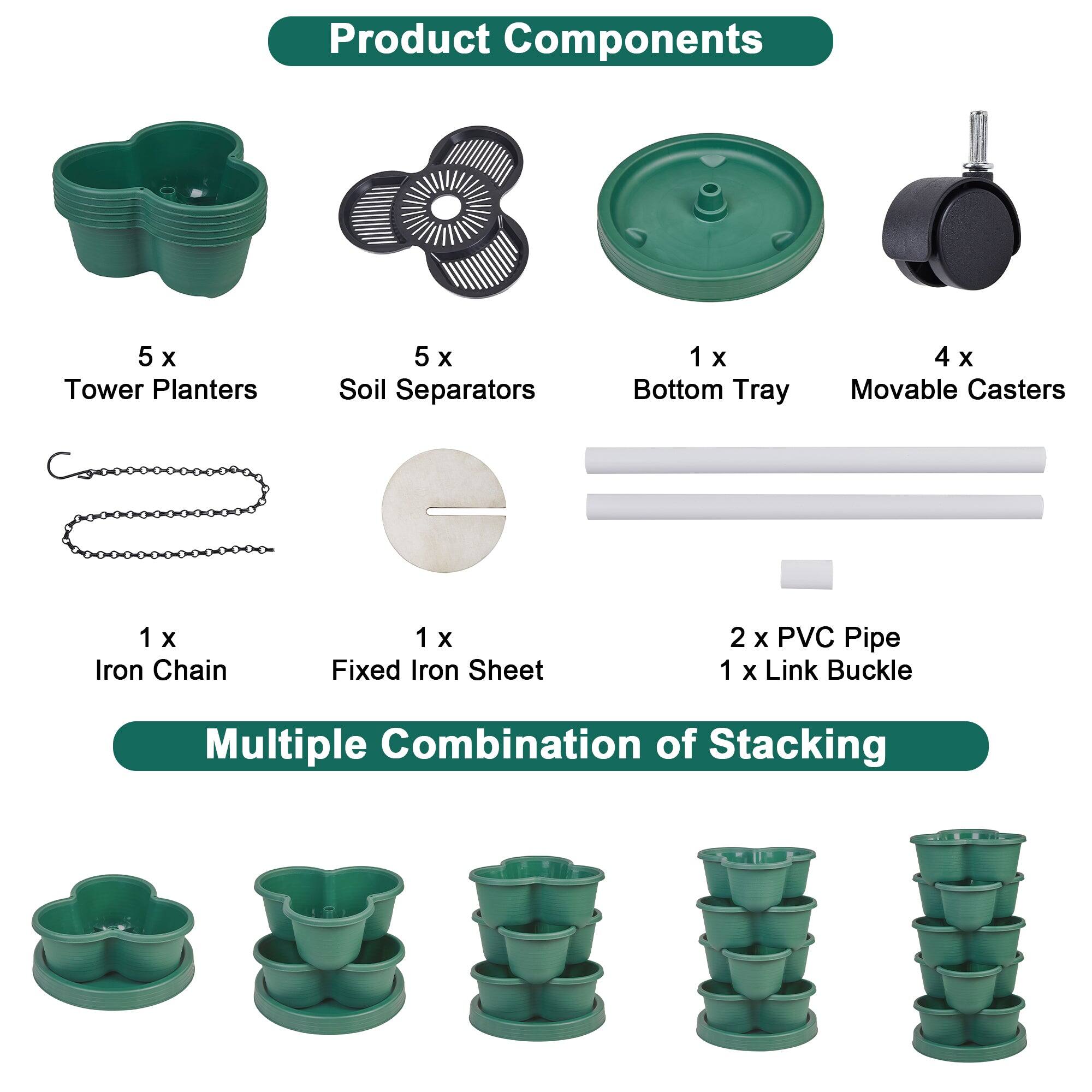 Product Components

- 5 x Tower Planters
- 5 x Soil Separators
- 1 x Bottom Tray
- 4 x Movable Casters
- 1 x Iron Chain
- 1 x Fixed Iron Sheet
- 2 x PVC Pipe
- 1 x Link Buckle

Multiple Combination of Stacking