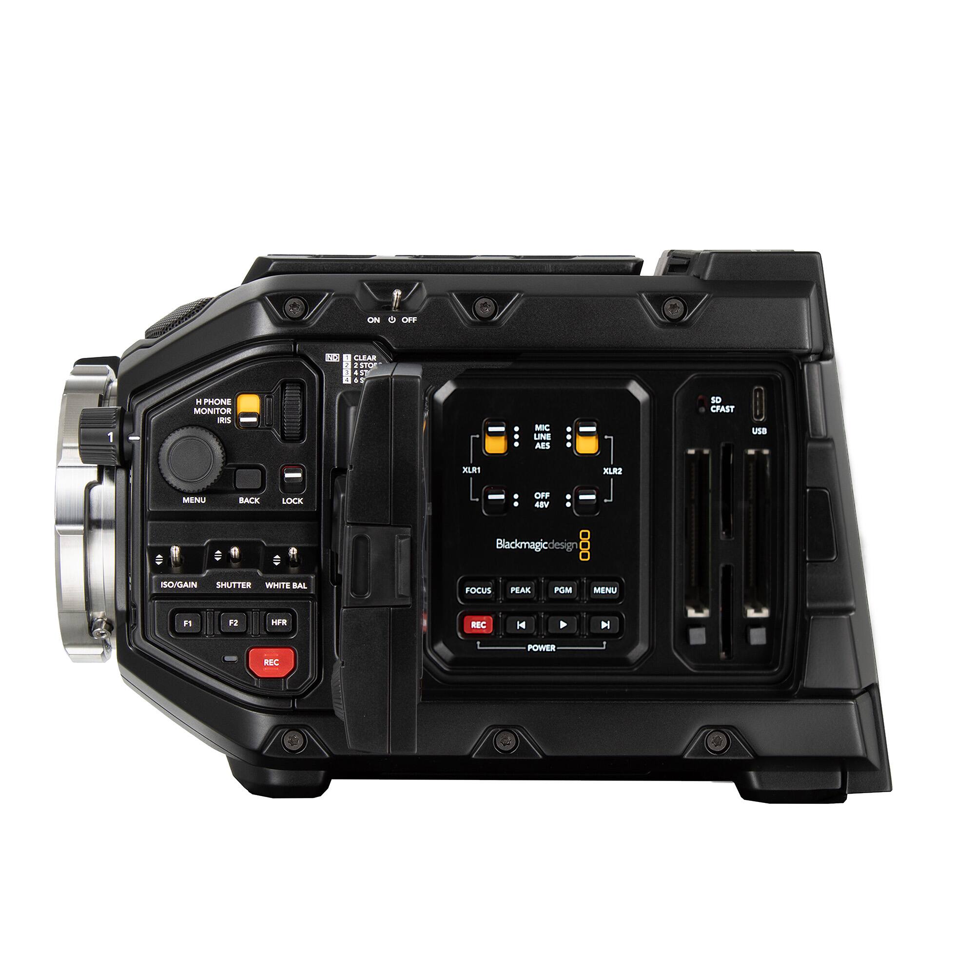 - ON OFF
- PHONE MON (IRIS)
- MIC LINE AES
- CLEAR
- MENU BACK LOCK
- ISO/GAIN
- SHUTTER
- WHITE BAL
- F1 F2 HFR
- REC
- FOCUS
- PEAK PGM
- MENU
- POWER
- USB
- XLR1
- XLR2
- 48V
- Blackmagicdesign
- GO/GAIN
- OFF
- 4DV
- D D