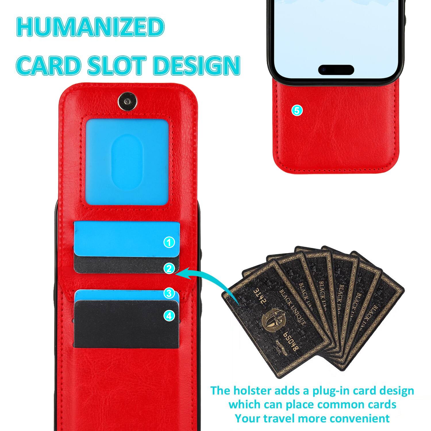 HUMANIZED CARD SLOT DESIGN

The holster adds a plug-in card design which can place common cards. Your travel more convenient