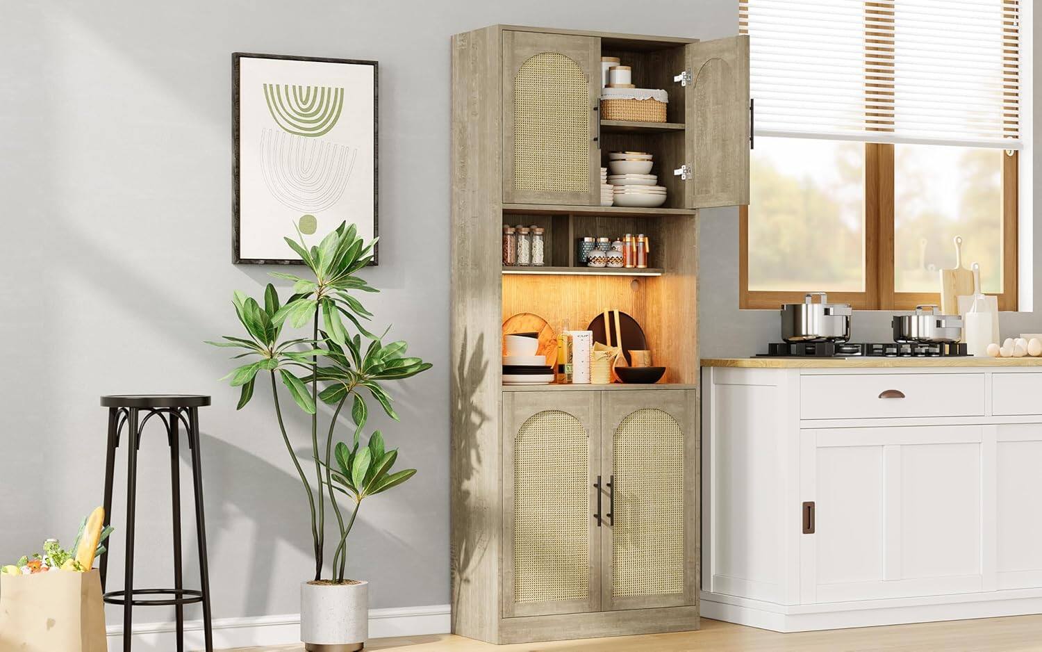 Front. Homhougo - 71" Tall Pantry Cabinet, LED Light, Microwave Shelf, Adjustable Storage, Oak - Oak.