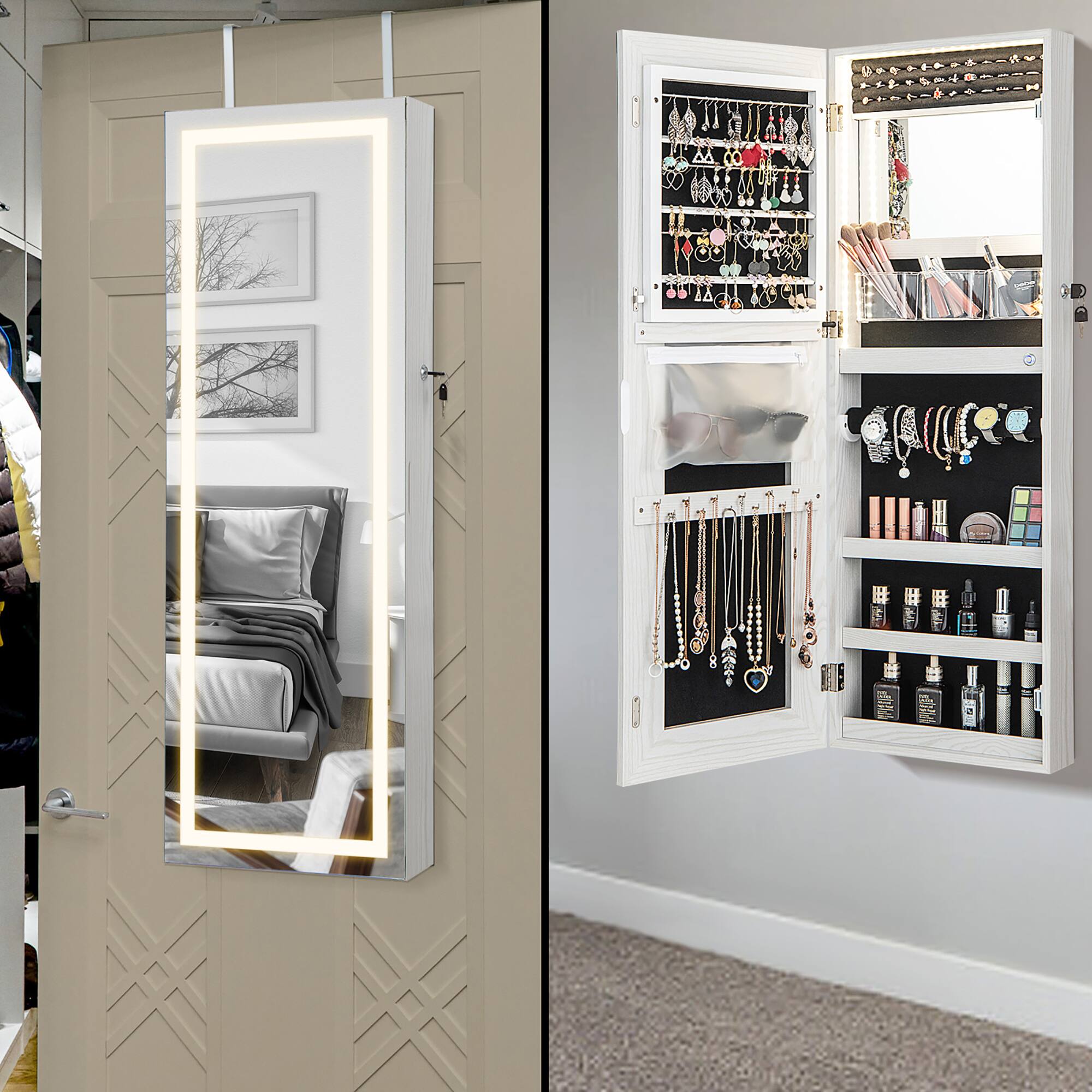 Alt View 4. Gymax - Gymax LED Mirror Jewelry Cabinet Wall/Door Mounted Organizer Armoire w/ 3 Color Light White - White.