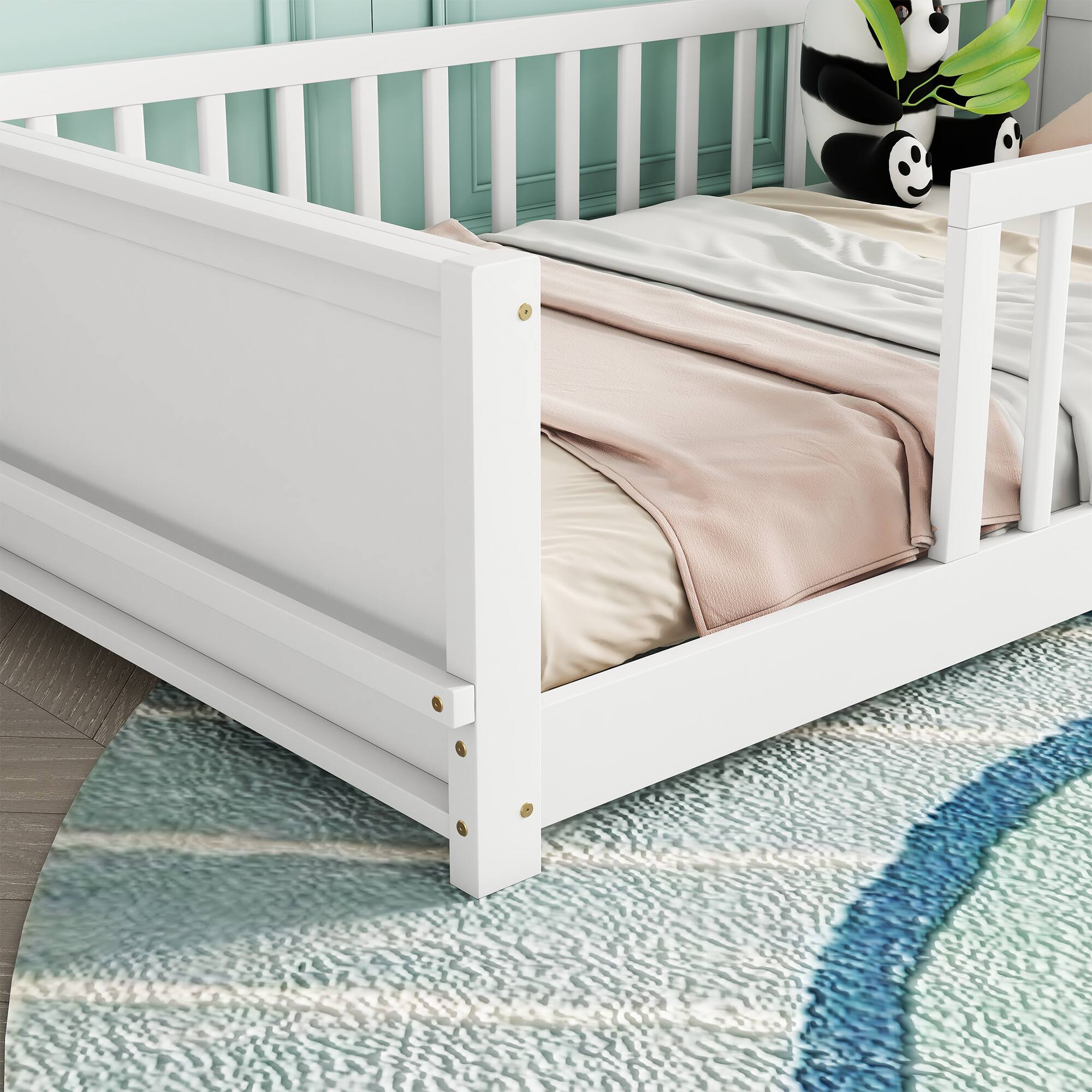 Back. Tiramisubest - Twin size Floor Platform Bed with Built-in Book Storage Rack,White - White.