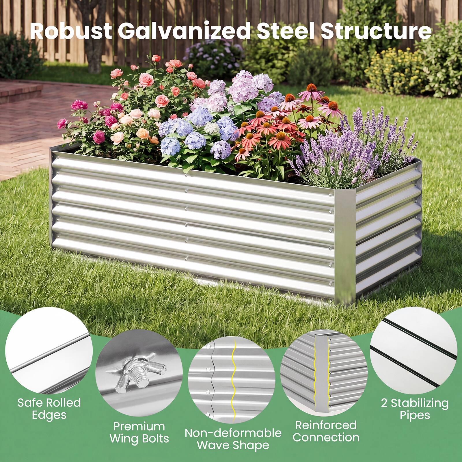 Robust Galvanized Steel Structure

- Safe Rolled Edges
- Premium Wing Bolts
- Non-deformable Wave Shape
- Reinforced Connection
- 2 Stabilizing Pipes