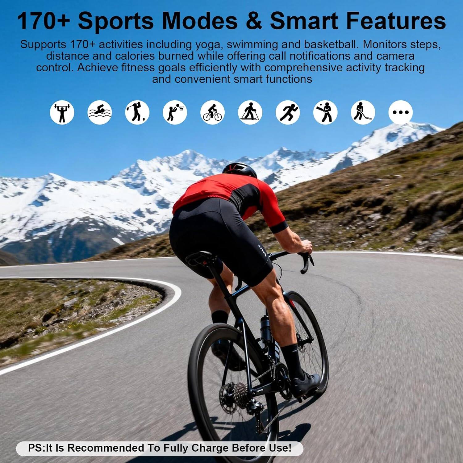 170+ Sports Modes & Smart Features

Supports 170+ activities including yoga, swimming and basketball. Monitors steps, distance and calories burned while offering call notifications and camera control. Achieve fitness goals efficiently with comprehensive activity tracking and convenient smart functions

PS: It Is Recommended To Fully Charge Before Use!