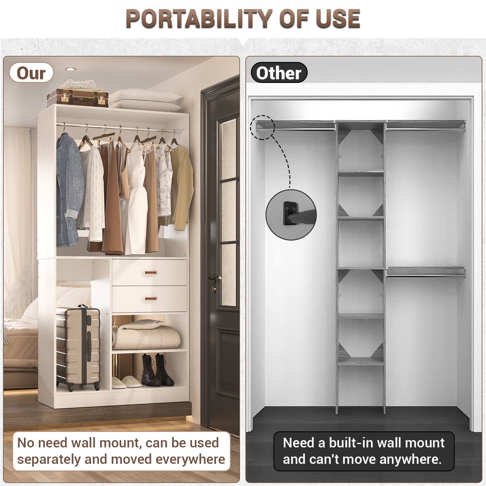 PORTABILITY OF USE

Our  
No need wall mount, can be used separately and moved everywhere

Other  
Need a built-in wall mount and can't move anywhere.