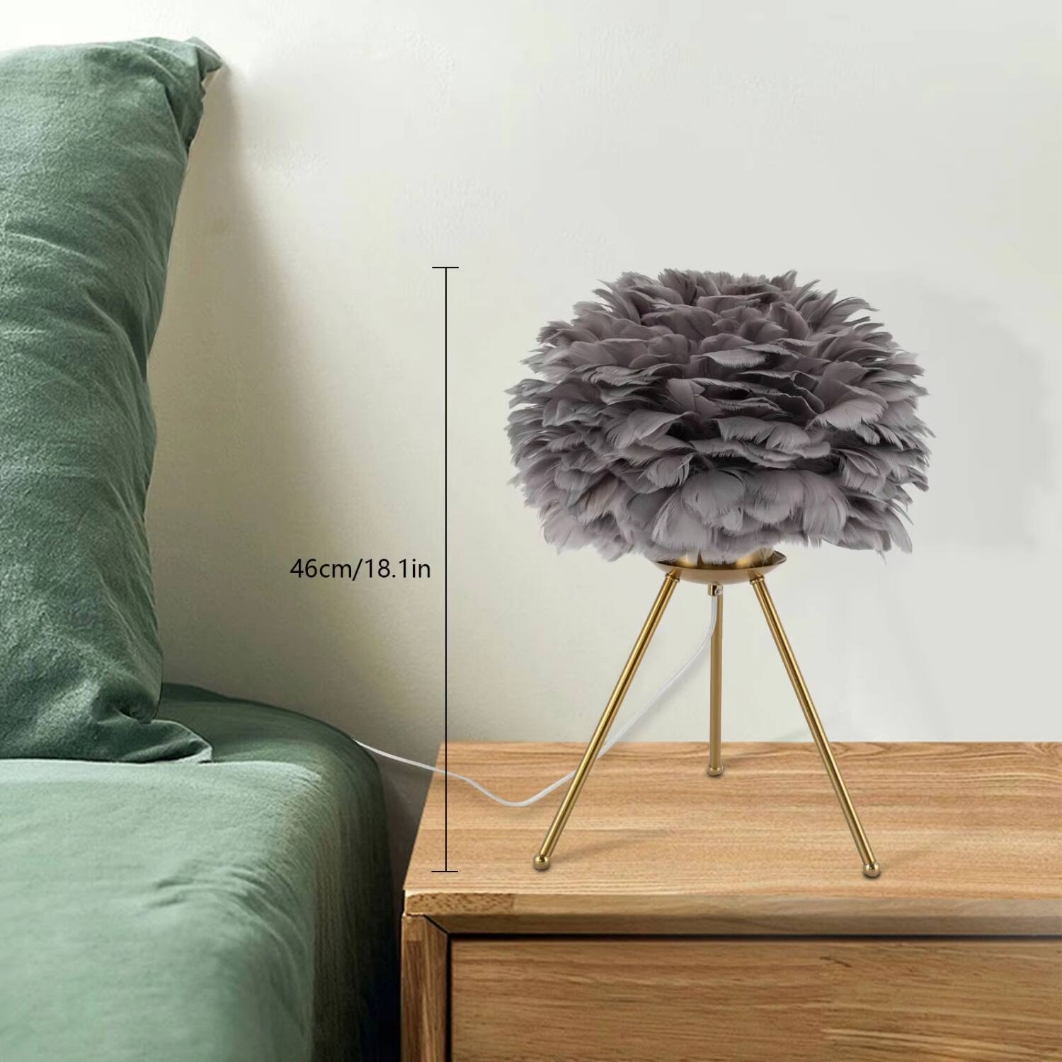 Back. Luckbyte - Gray Feather Table Lamp E26 Bedside Reading Light Gold Gray Decor Lamp With 3 Support Feet - Gery.