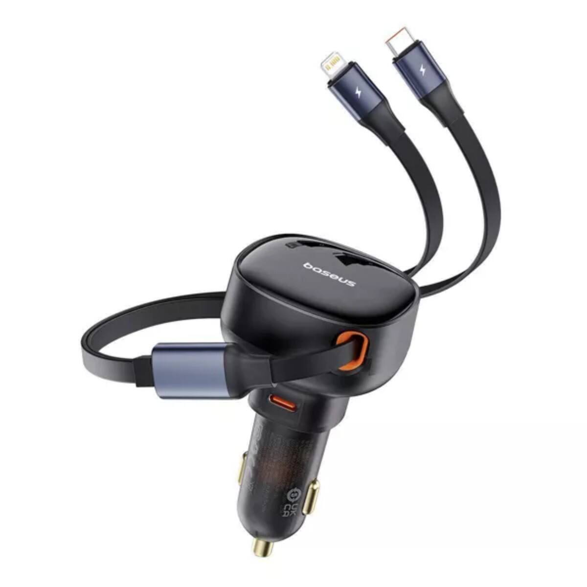 Alt View 7. Baseus - Baseus Enjoyment Pro Car Charger C + Retractable C & iP Cable 60W Cluster Black - Black.