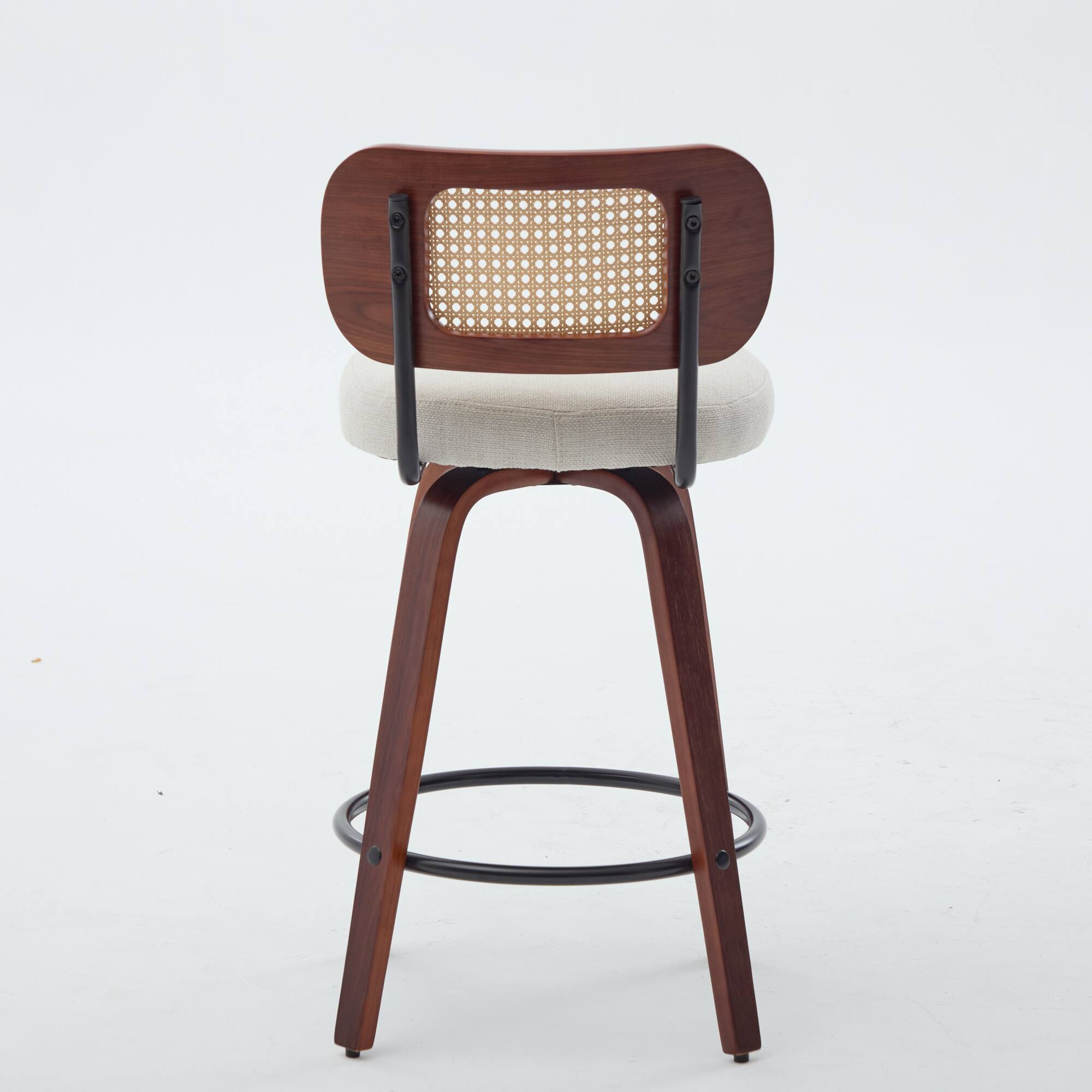 Back. PexFix - Farmhouse Walnut Counter Stools, Set of 3, Cane Rattan Back, Upholstered Seat, Swivel for Kitchen Island, Home Bar - Beige.