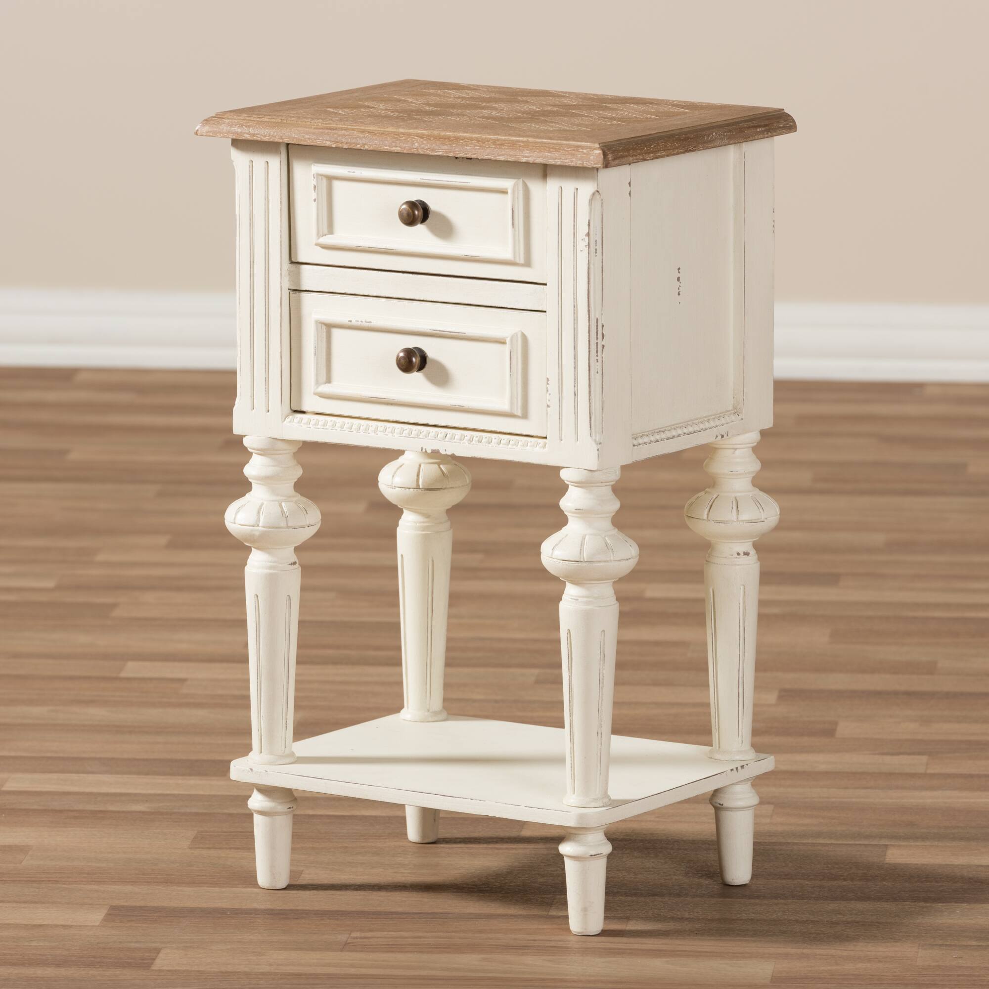 Alt View 4. Baxton Studio - Marquetterie French Provincial Style Weathered Oak Distressed Finish Wood Two-Tone 2-Drawer and 1-Shelf Nightstand - White/Natural.