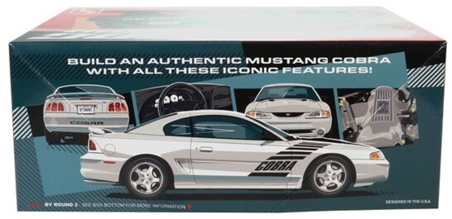 BUILD AN AUTHENTIC MUSTANG COBRA WITH ALL THESE ICONIC FEATURES!  
BY ROUND 2 - SEE BOX BOTTOM FOR MORE INFORMATION  
DESIGNED IN THE U.S.A