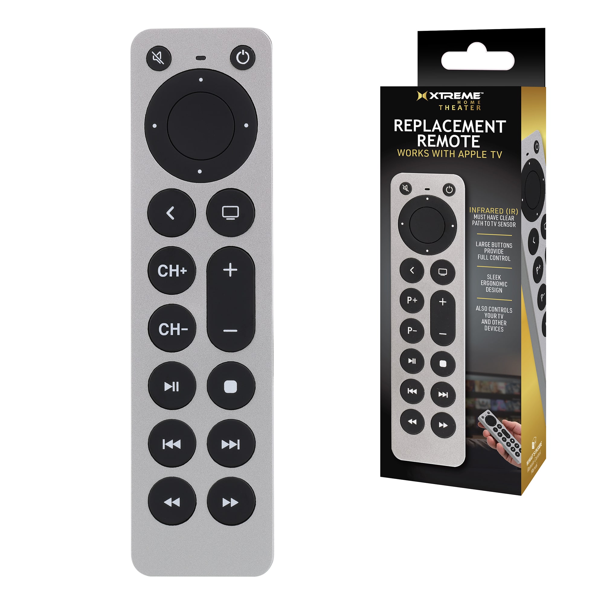 Xtreme - Universal Apple TV Remote Replacement for 1st-5th Generation, Controls TV & Apple TV, Large Buttons, Ergonomic - Silver