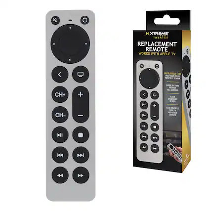 XTREME THEATER REPLACEMENT REMOTE
WORKS WITH APPLE TV
INFRARED (IR) MUST HAVE CLEAR PATH TO TV SENSOR
LARGE BUTTONS PROVIDE FULL CONTROL
SLEEK ERGONOMIC DESIGN
ALSO CONTROLS YOUR TV AND OTHER DEVICES