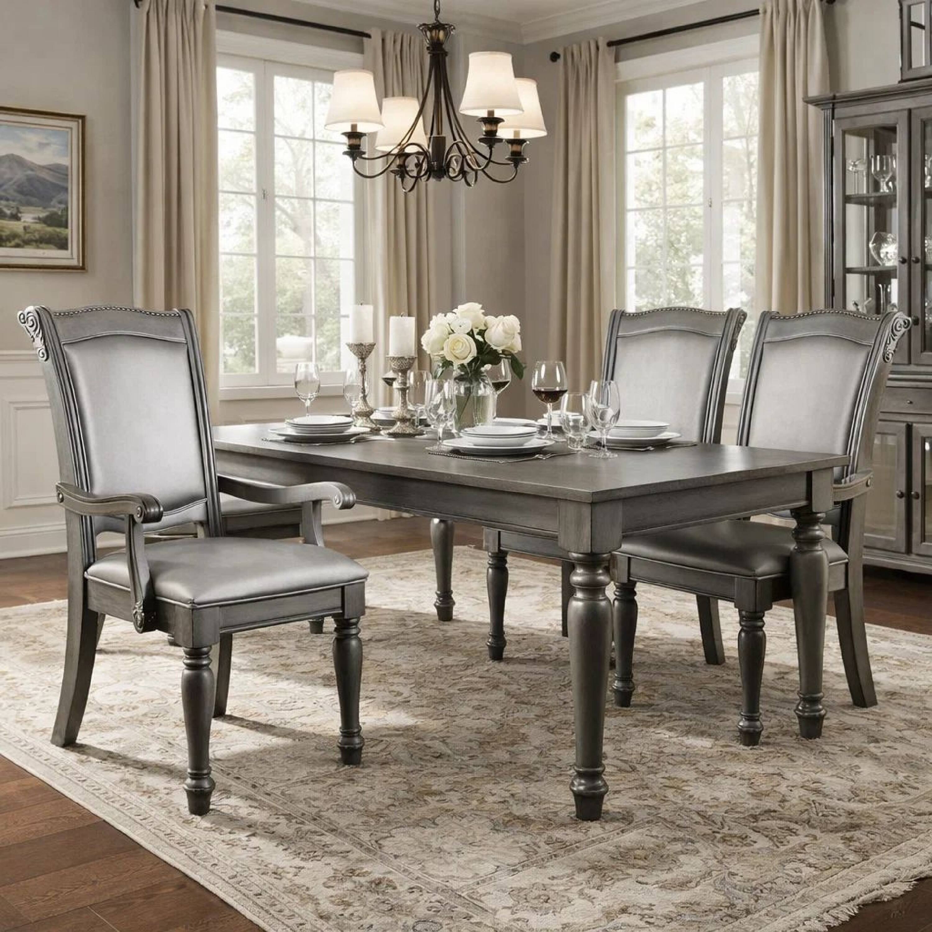 Alt View 5. Manhattan Lane - Traditional Style Wooden Arm Chair With Leatherette Cushions In Gray, Set Of 2 - Gray.