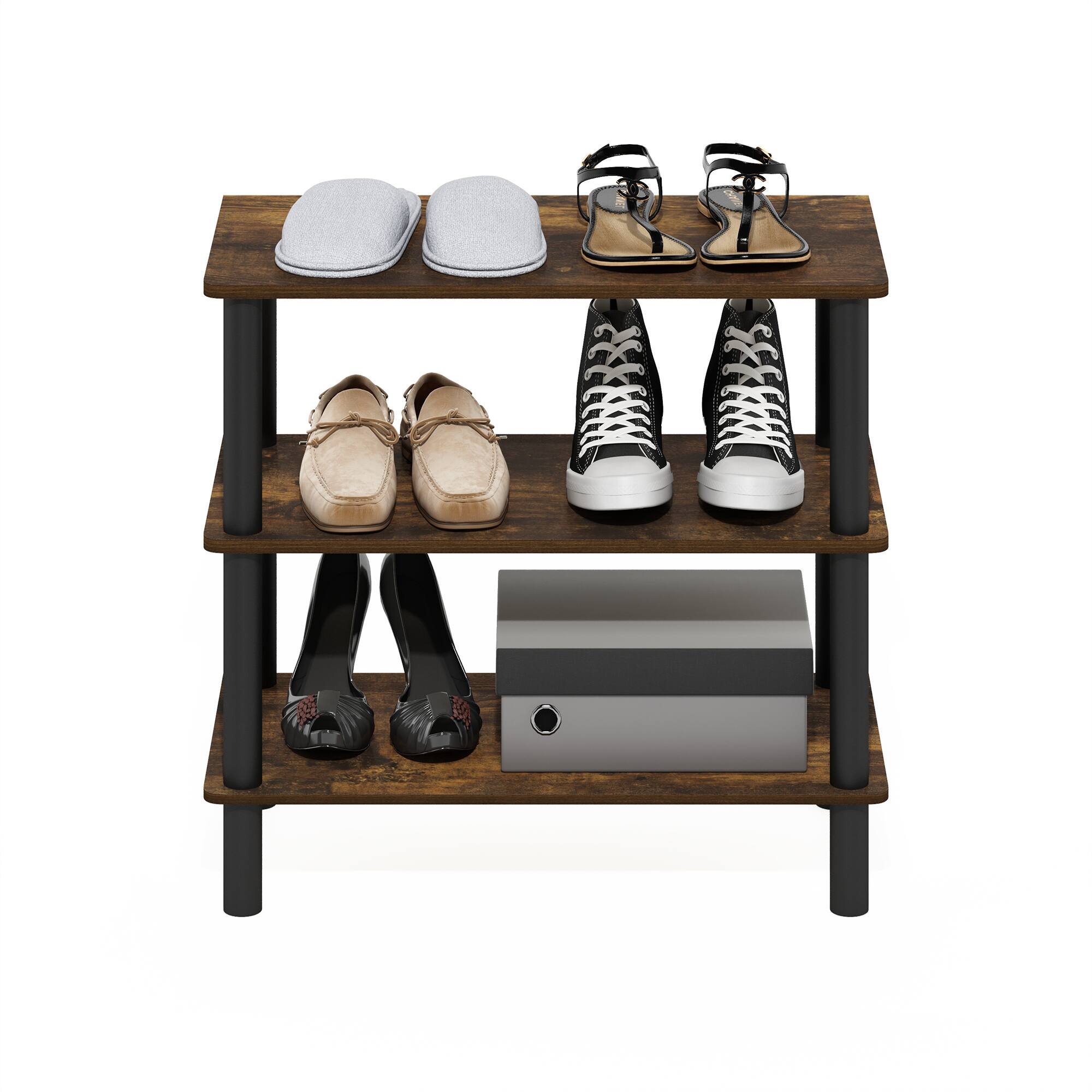 Alt View 4. Furinno - Turn-N-Tube 26-Inch 3-Tier Freestanding Shoe Rack Storage Organizer - Amber Pine/Black.