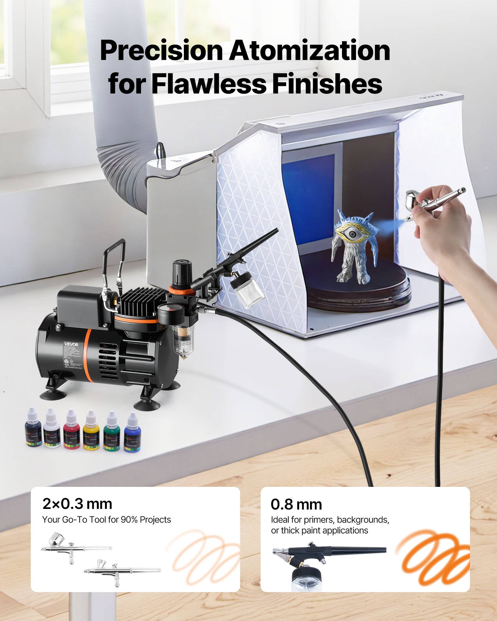 Precision Atomization for Flawless Finishes

2x0.3 mm  
Your Go-To Tool for 90% Projects

0.8 mm  
Ideal for primers, backgrounds, or thick paint applications