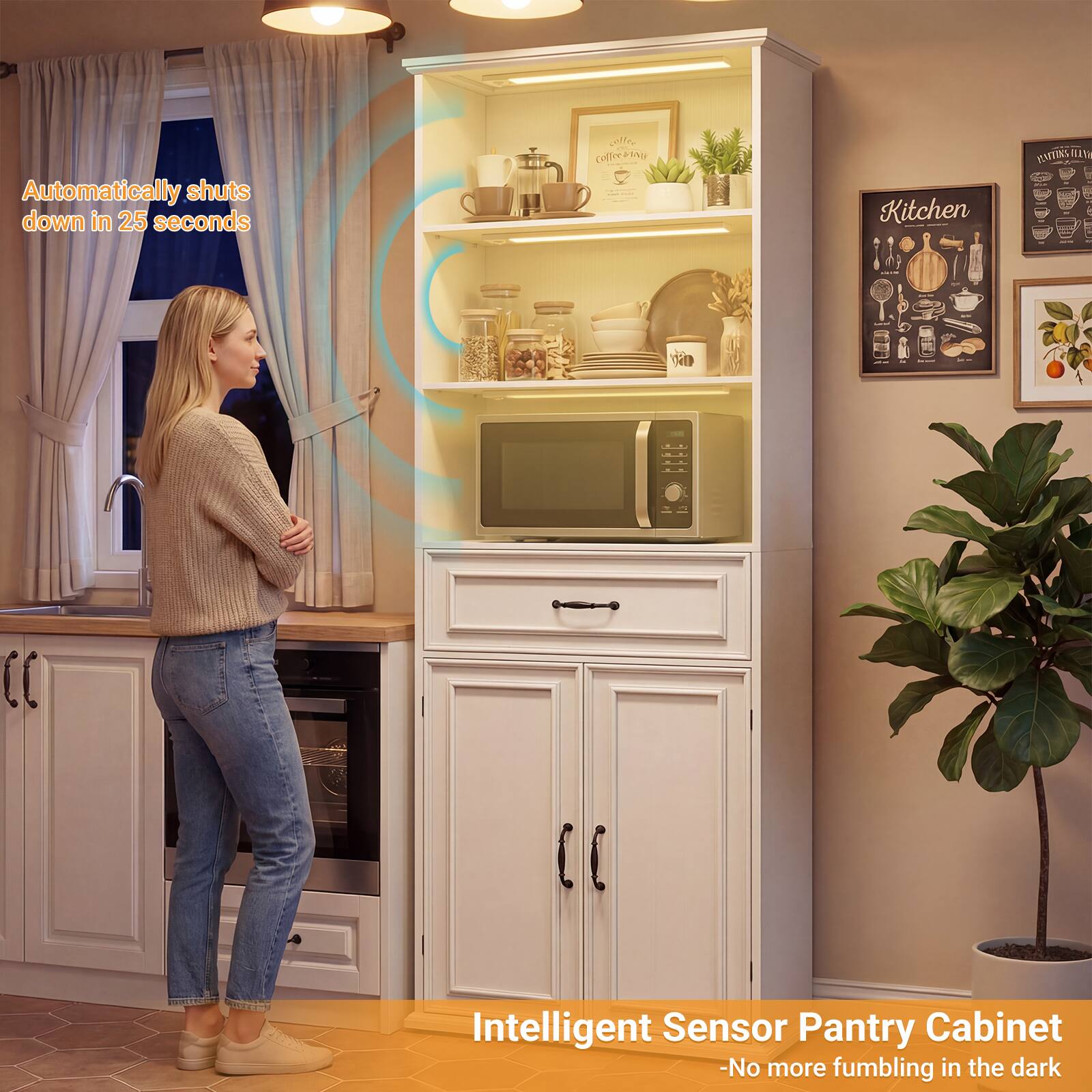 Automatically shuts down in 25 seconds

Intelligent Sensor Pantry Cabinet - No more fumbling in the dark